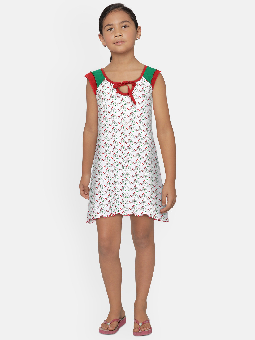 SINI MINI Girls White & Red Printed Nightdress