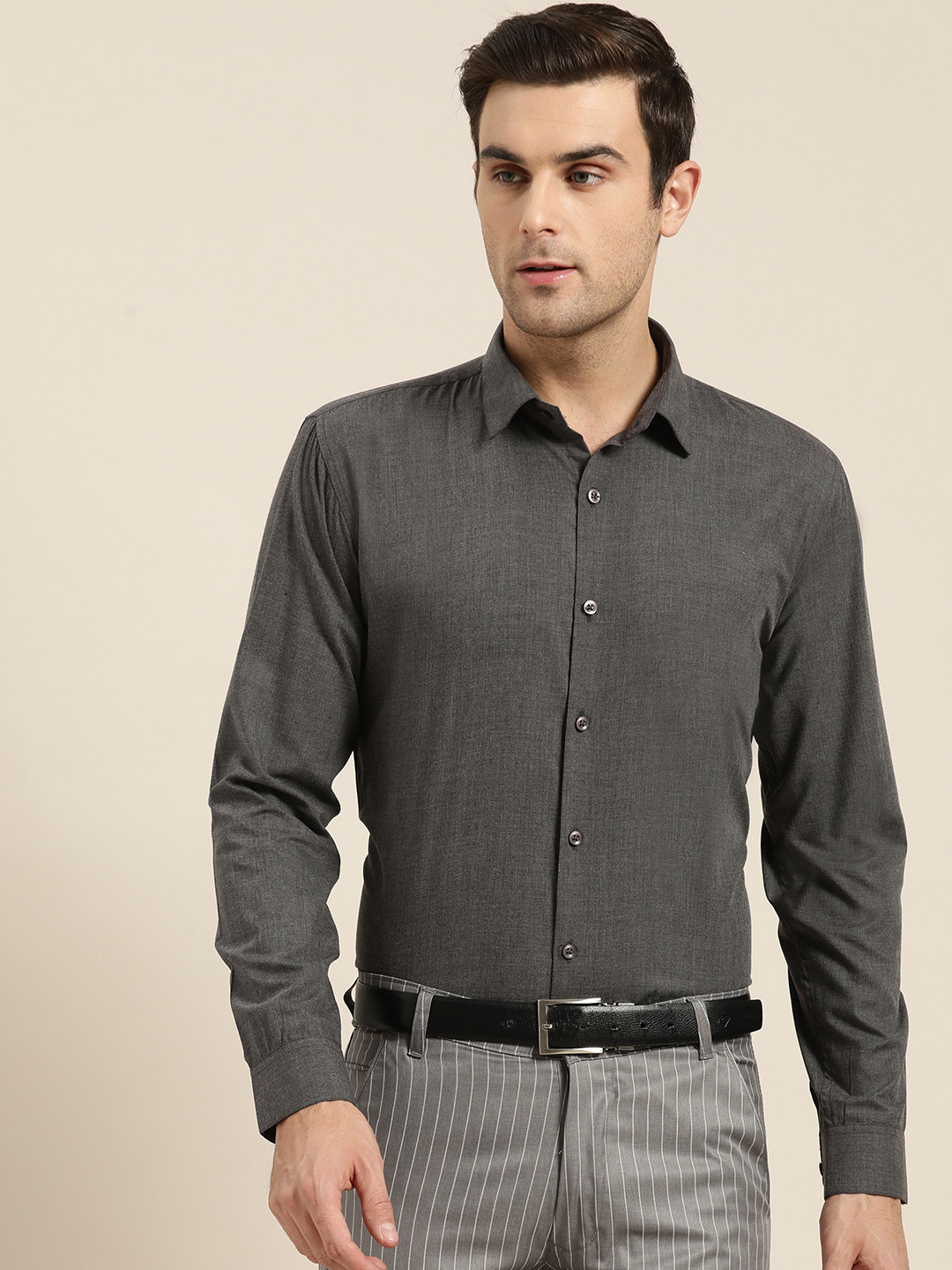SOJANYA Men Charcoal Grey Classic Regular Fit Solid Formal Shirt