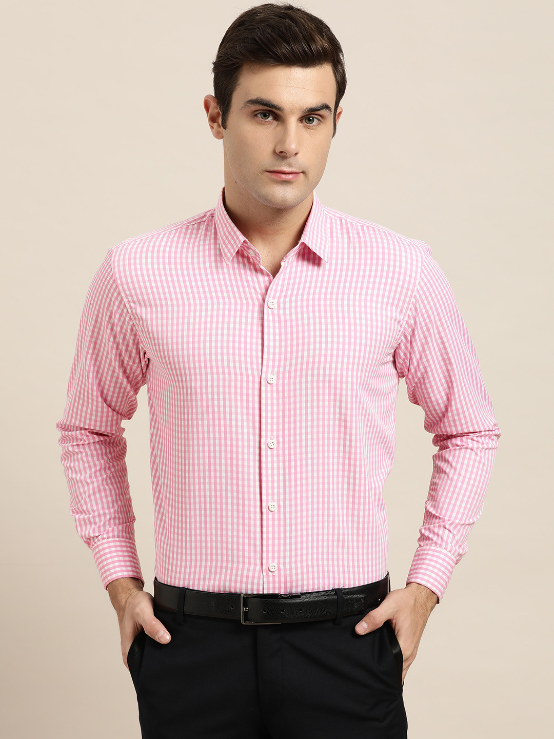 SOJANYA Men Pink & White Classic Fit Checked Formal Shirt