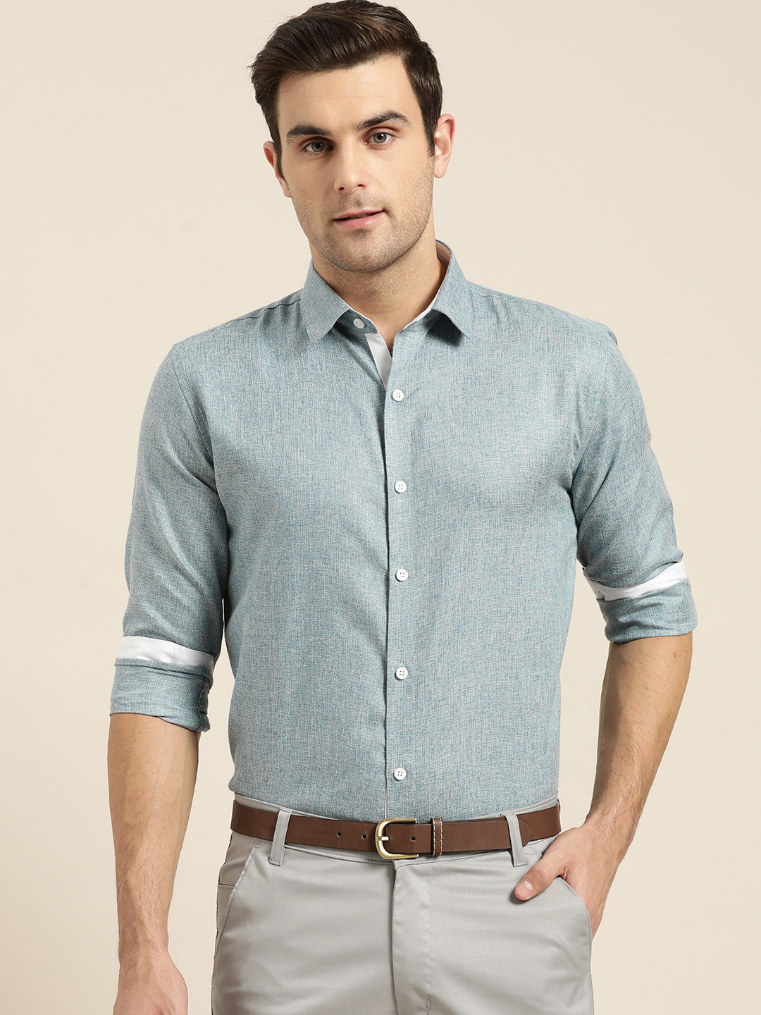 SOJANYA Men Teal Blue Classic Regular Fit Solid Formal Shirt