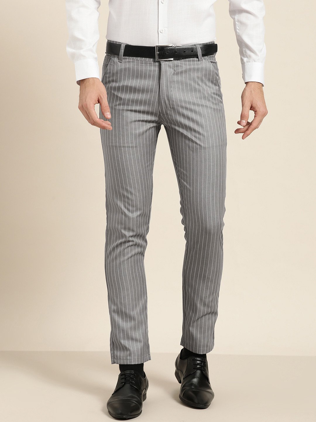 SOJANYA Men Grey & Off-White Smart Fit Striped Formal Trousers