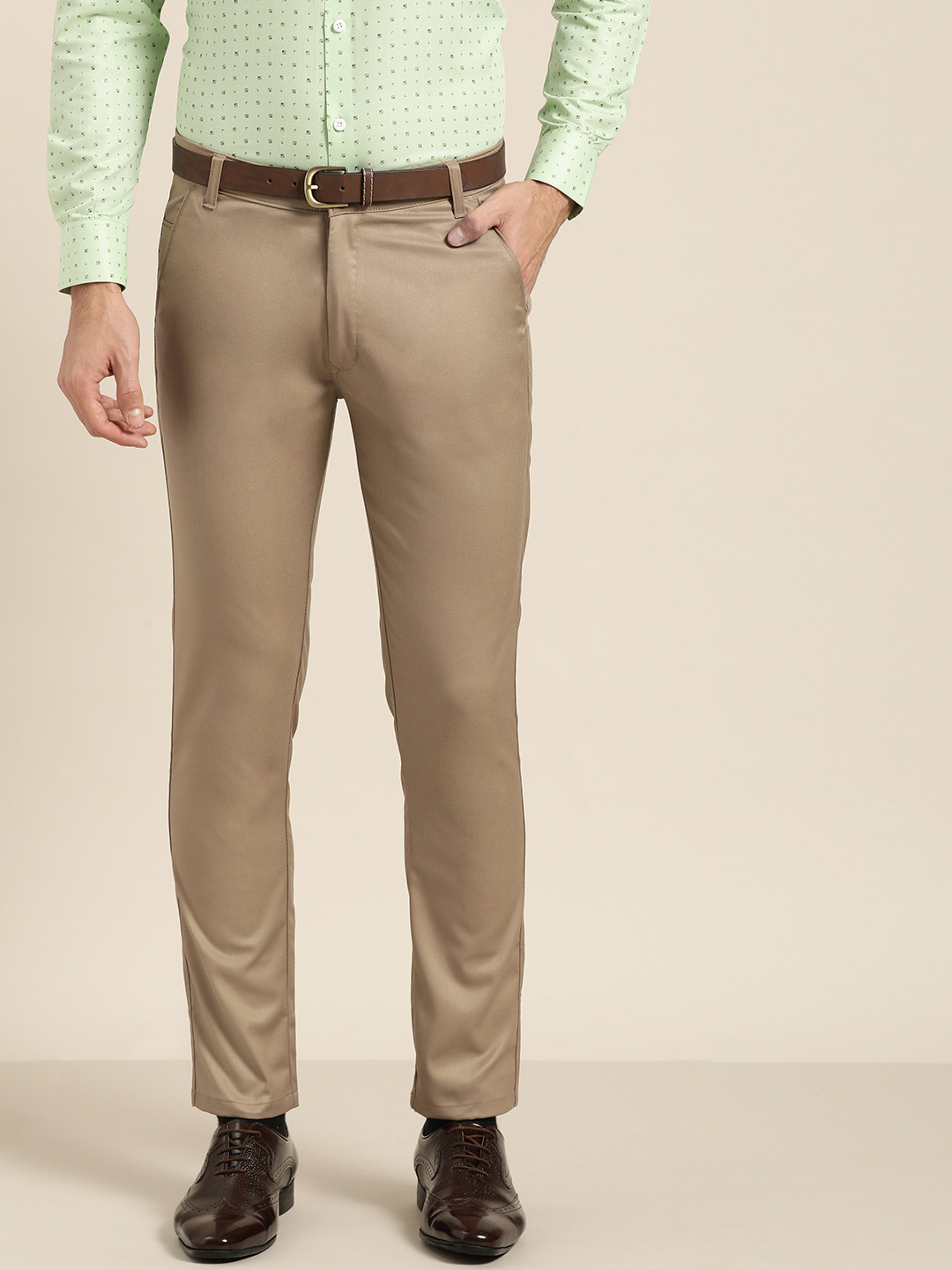 SOJANYA Men Beige Smart Regular Fit Solid Formal Trousers