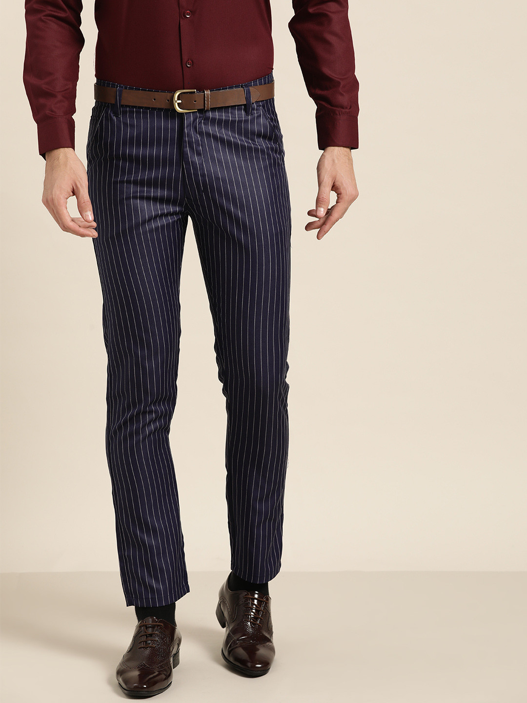 SOJANYA Men Navy Blue & Pink Smart Fit Striped Formal Trousers