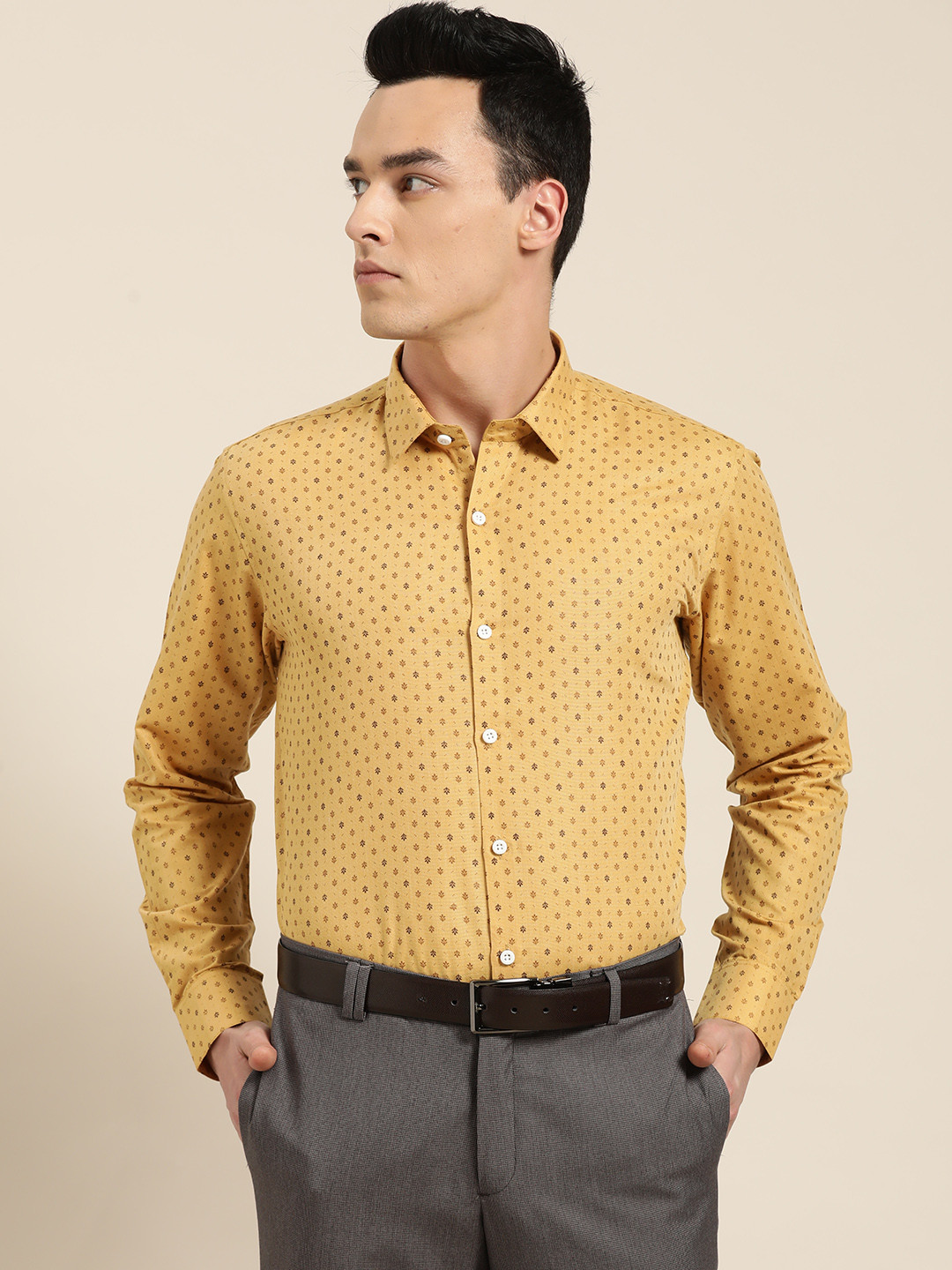 SOJANYA Men Mustard Yellow & Brown Regular Fit Printed Formal Shirt