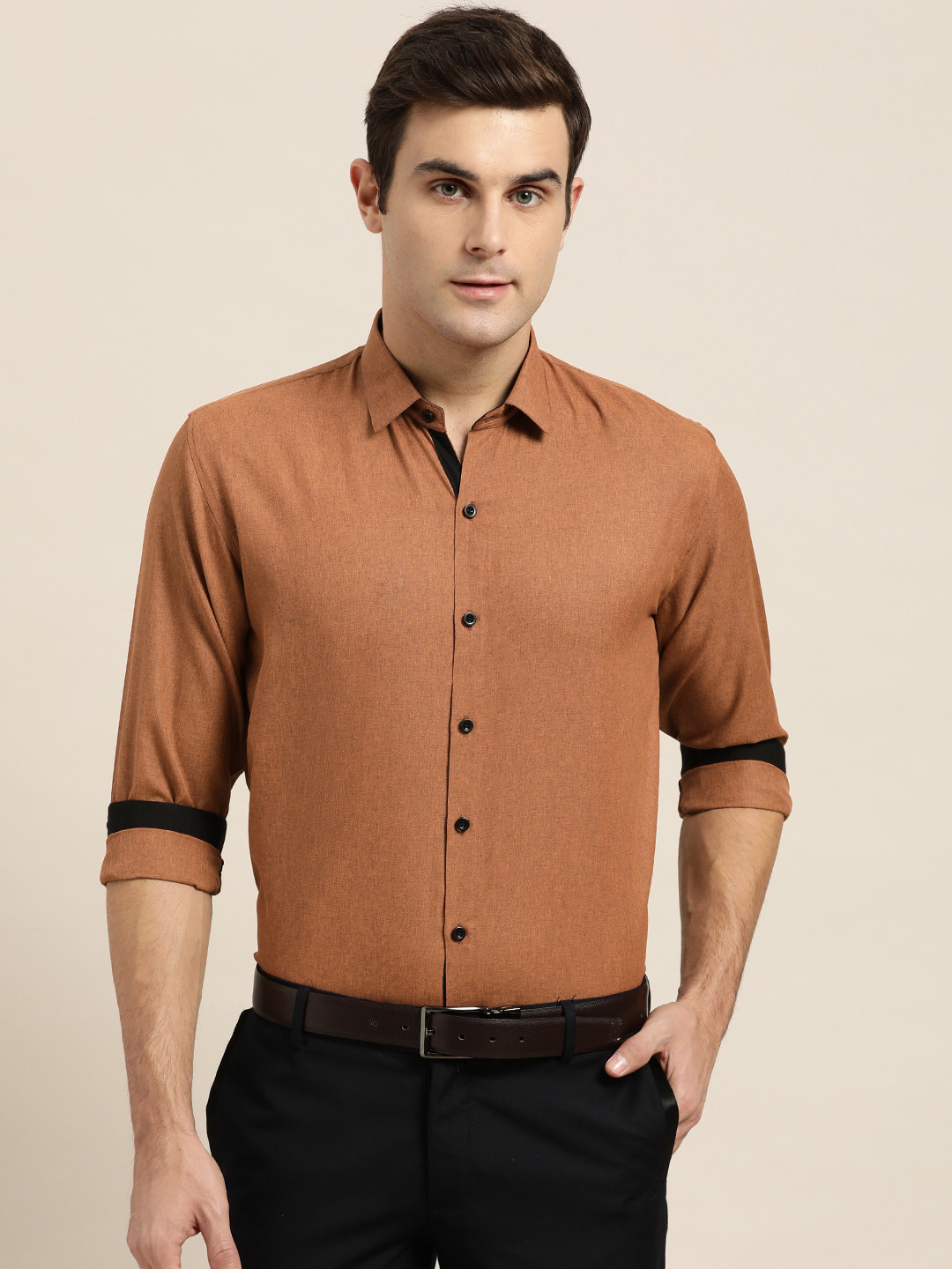 SOJANYA Men Rust Brown Classic Regular Fit Self Design Formal Shirt