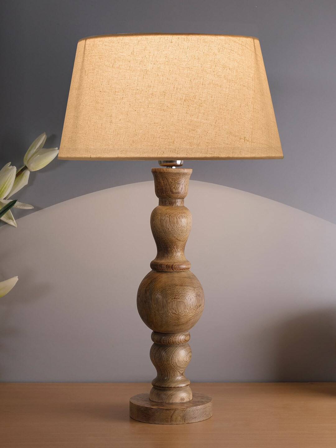 Homesake Beige Solid Contemporary Handcrafted Wood Bubble Bedside Lamp