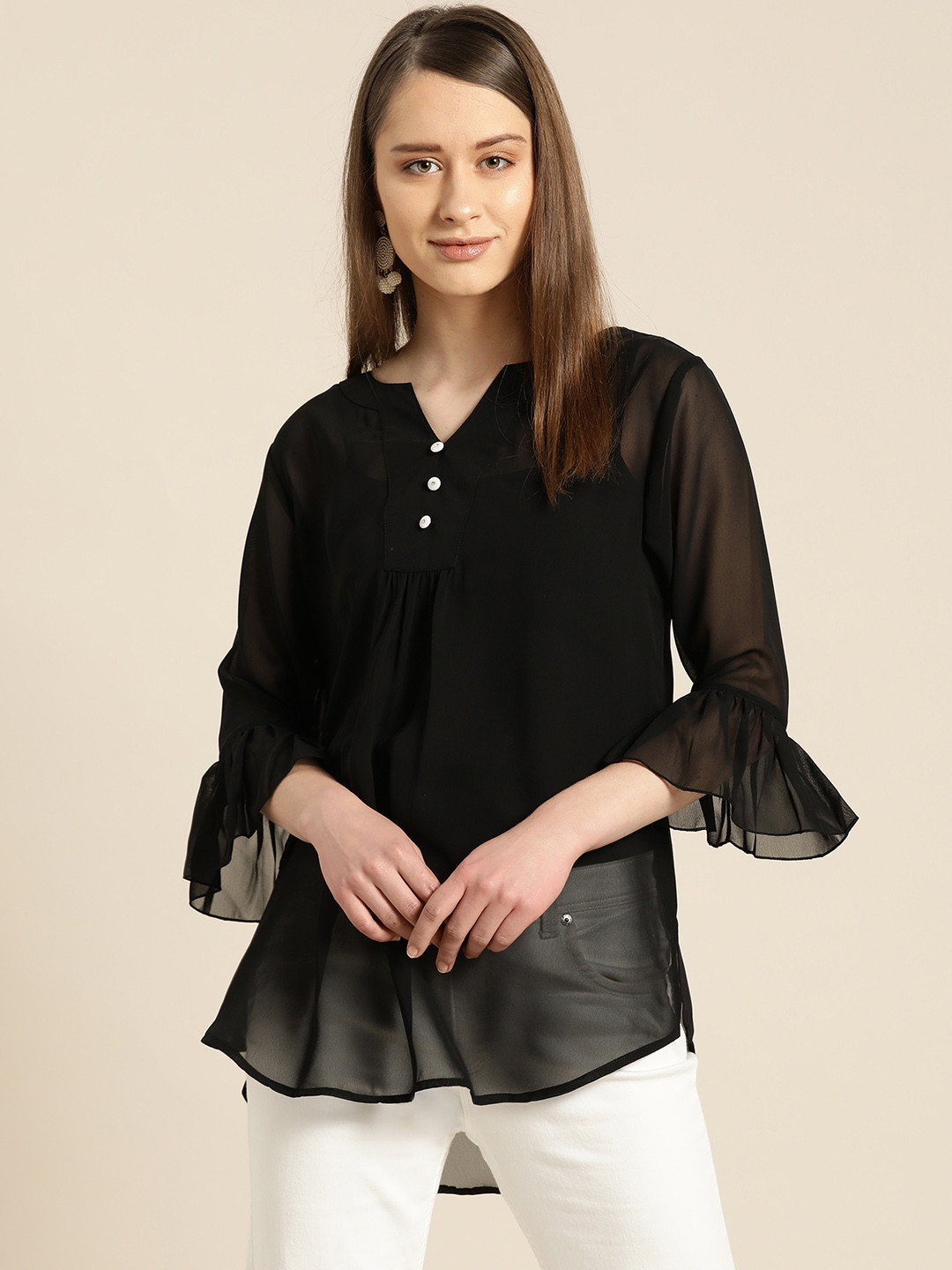 Qurvii Plus Size Women Black Semi-Sheer Solid Top