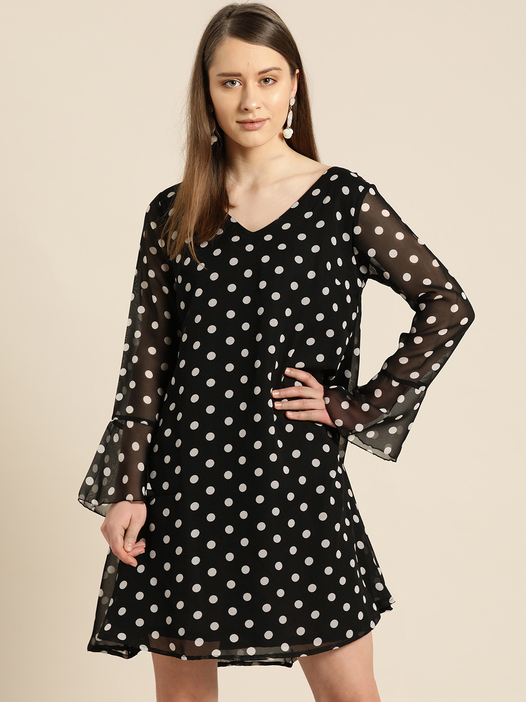 Qurvii Plus Size Women Black  White Polka Dot Print A-Line Dress