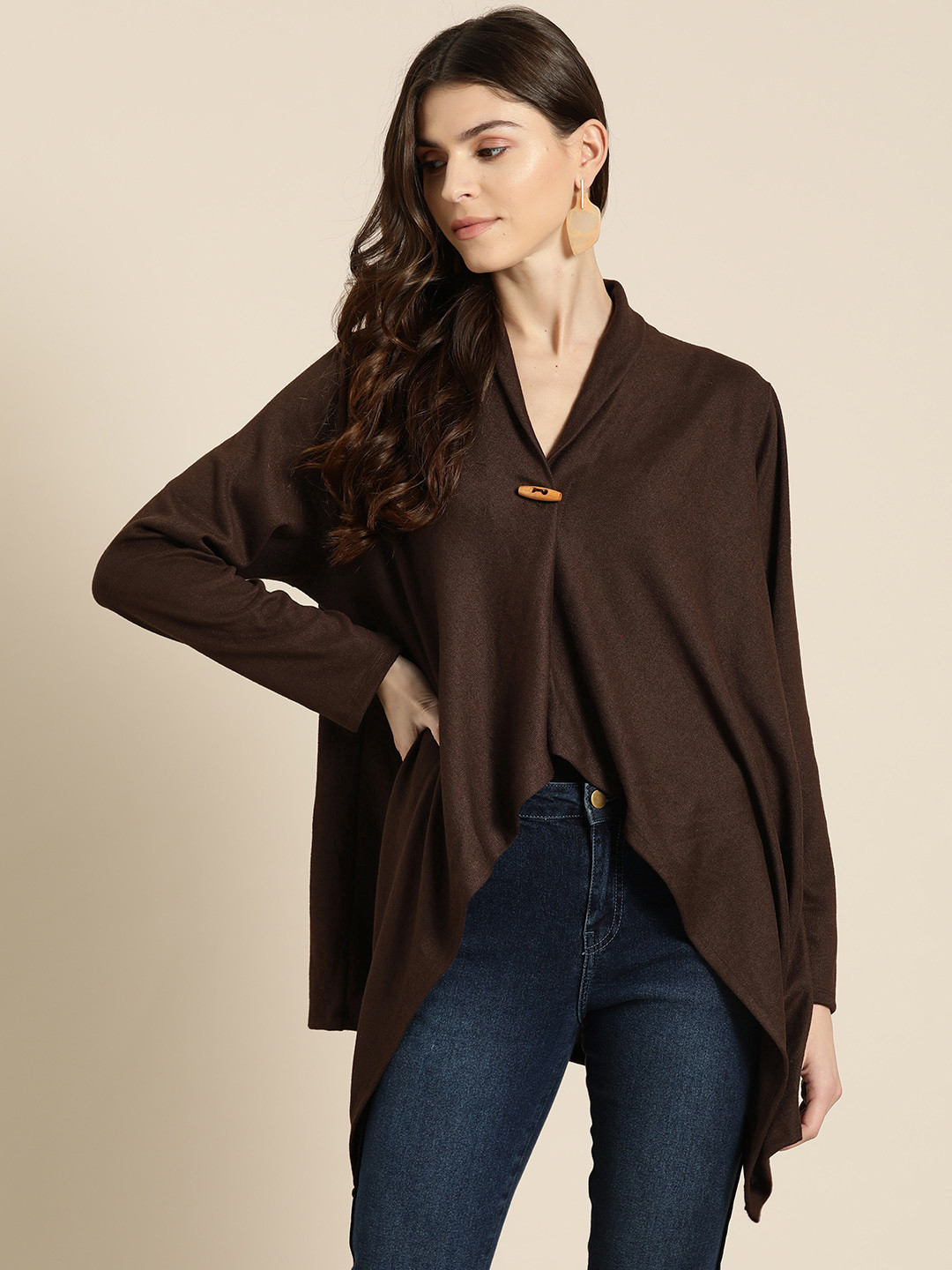 Qurvii Plus Size Women Coffee Brown Solid Toggle Shrug