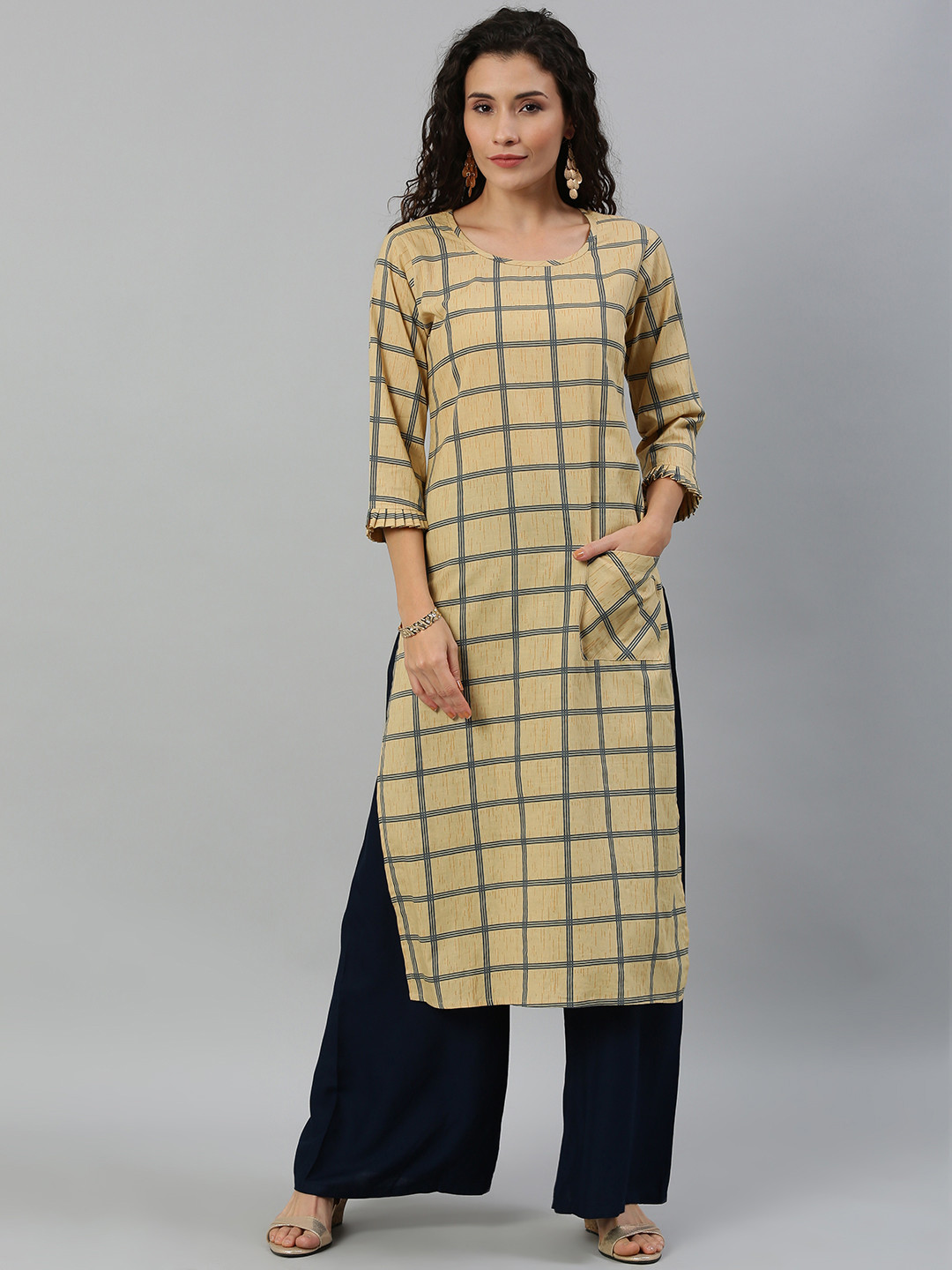Blissta Women Beige & Blue Checked Straight Kurta With Ruffle Detail
