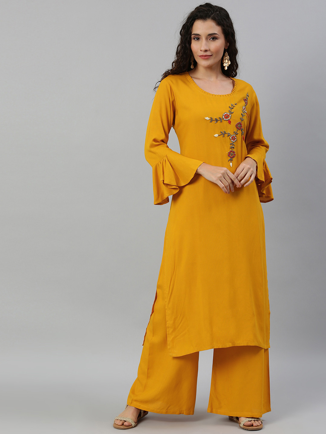 Blissta Women Mustard Yellow Solid Kurta with Palazzos With Embellished Detailing