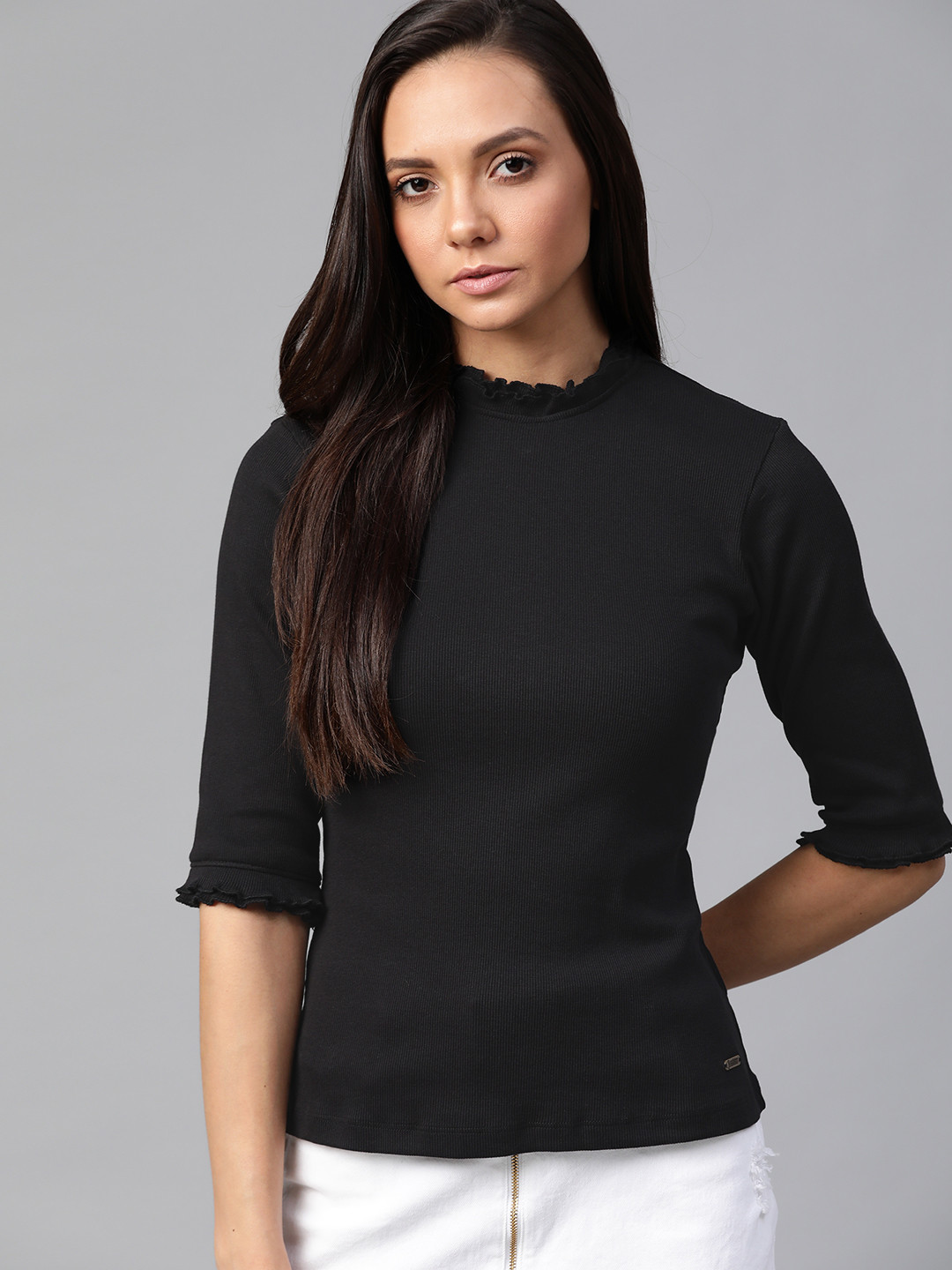 Roadster Women Black Ribbed Pure Cotton Top