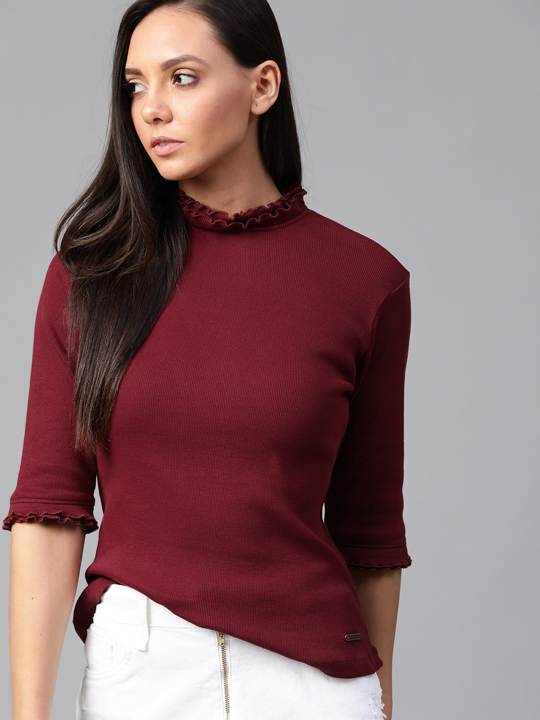 Roadster Women Burgundy Ribbed  Cotton Top