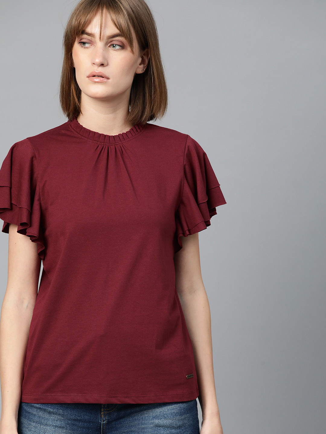 Roadster Women Maroon Flutter Sleeved Solid Top