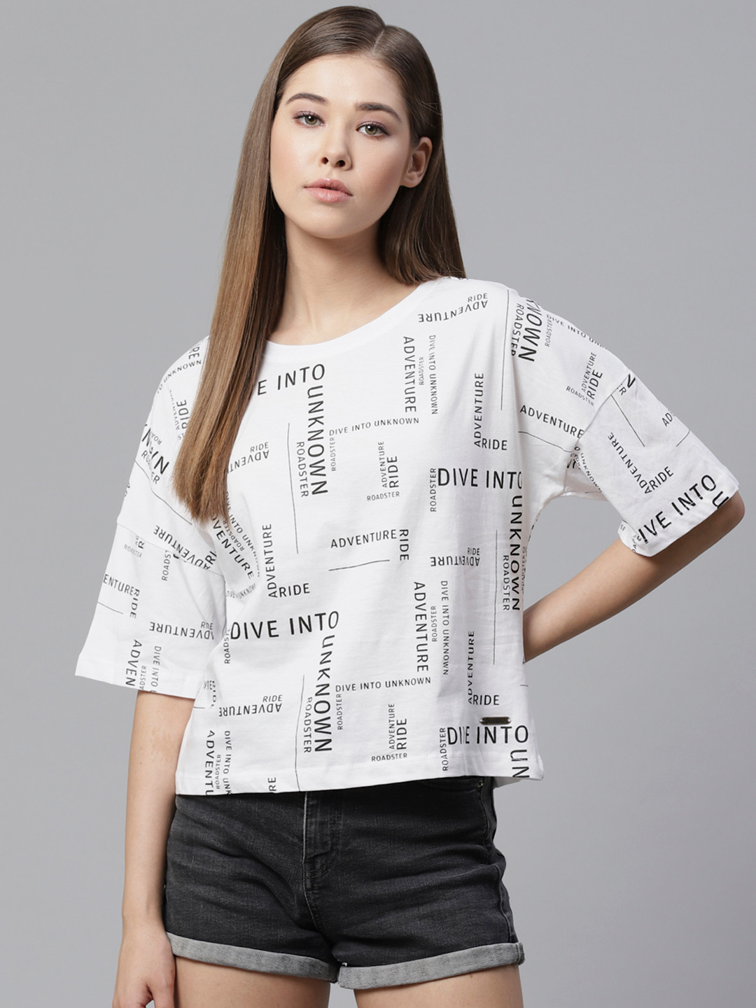 Roadster Women White Black Printed Round Neck Pure Cotton T-shirt