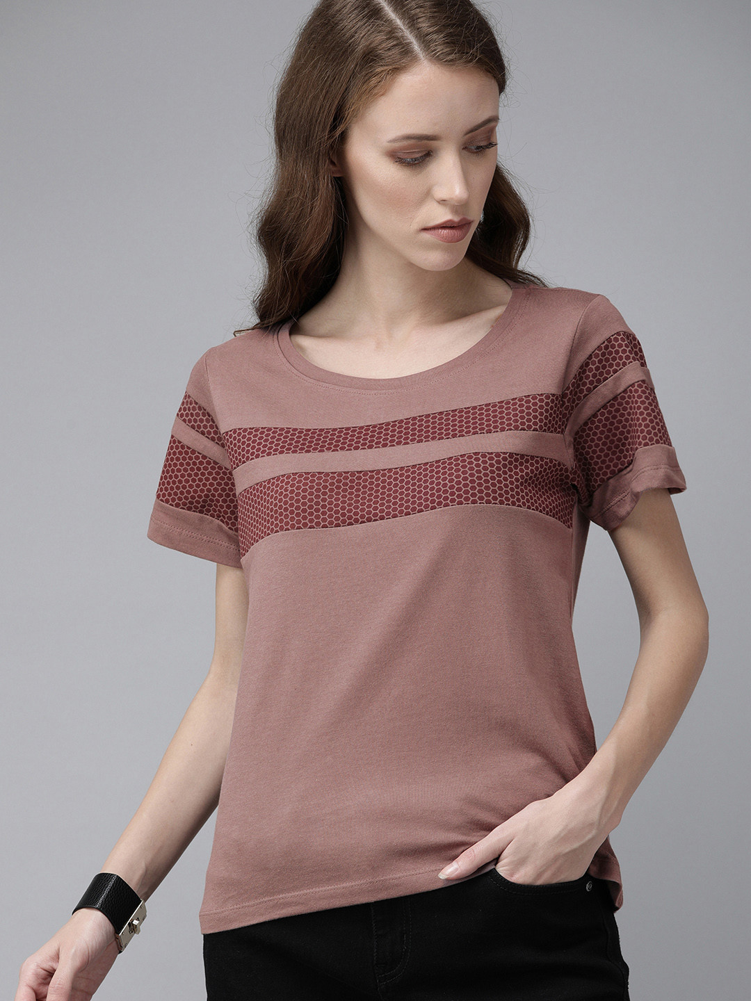 Roadster Women Maroon Printed Round Neck T-shirt