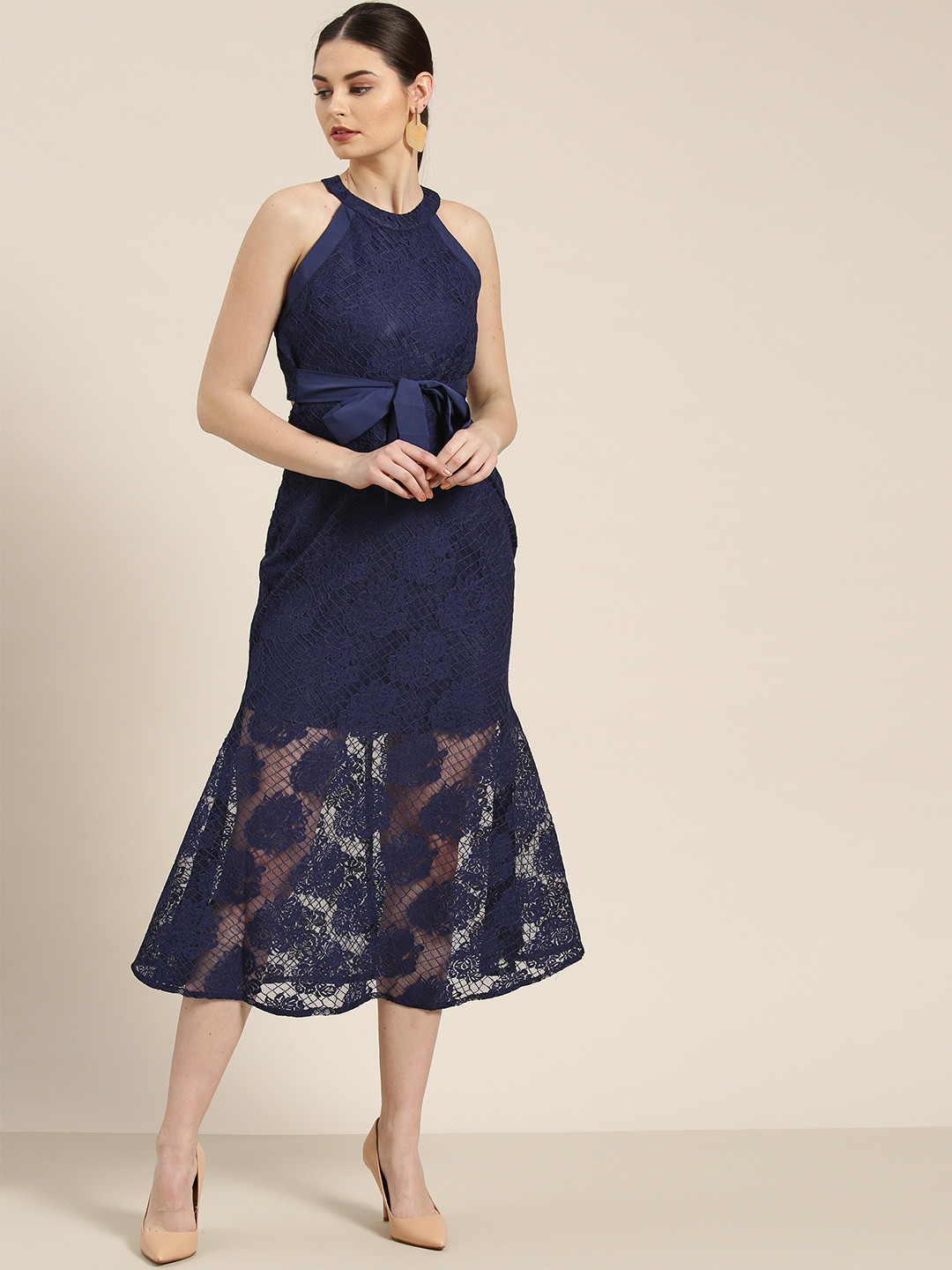 WoowZerz Women Navy Blue Lace Semi-Sheer Sheath Dress