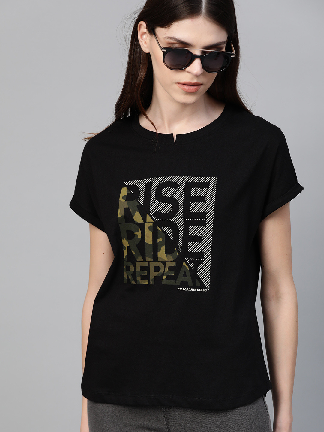 Roadster Women Black & Grey Printed Round Neck Relaxed Fit T-shirt