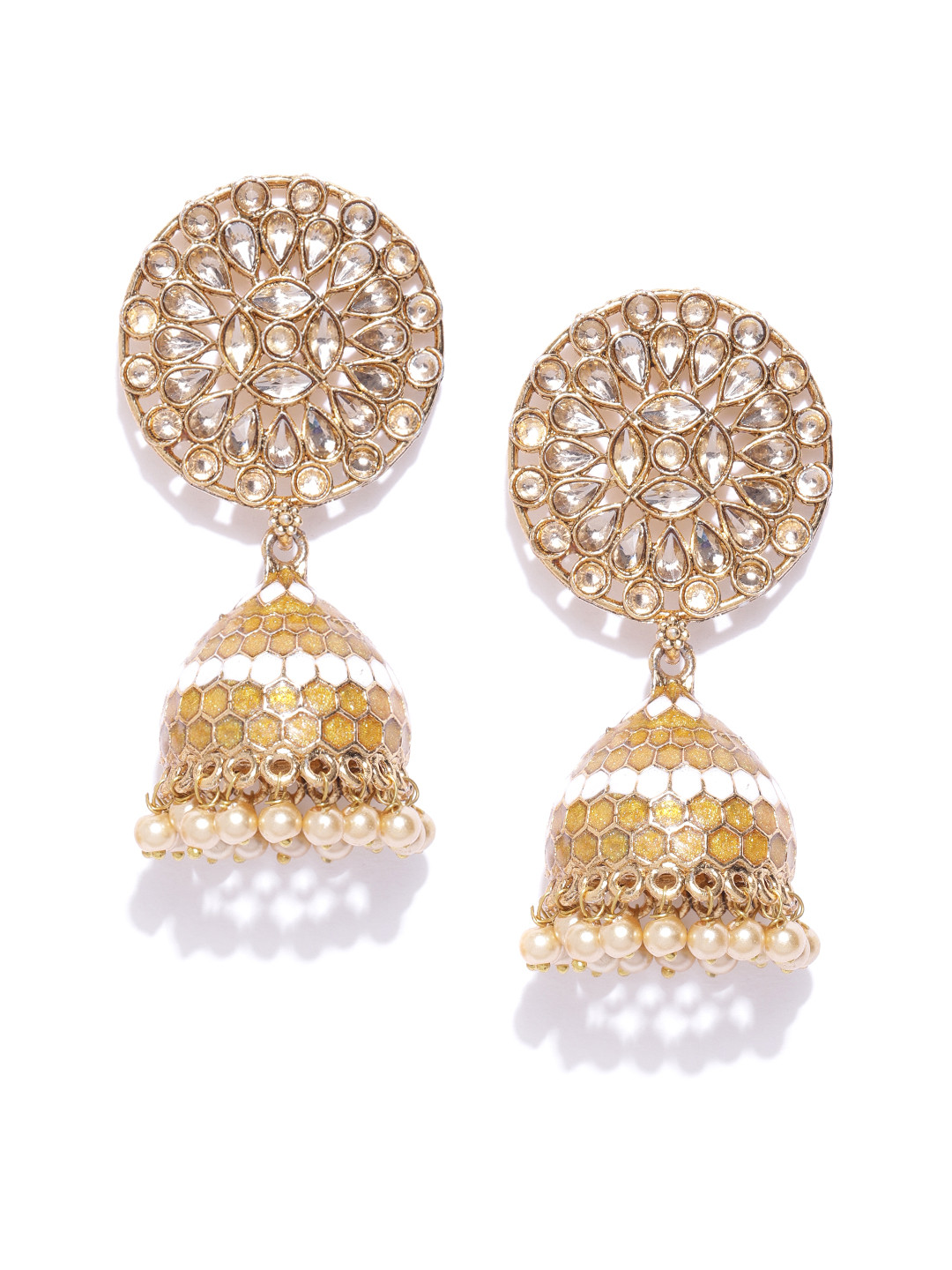 Jewels Galaxy Mustard Yellow Antique Gold-Toned Stone-Studded Dome Shaped Jhumkas