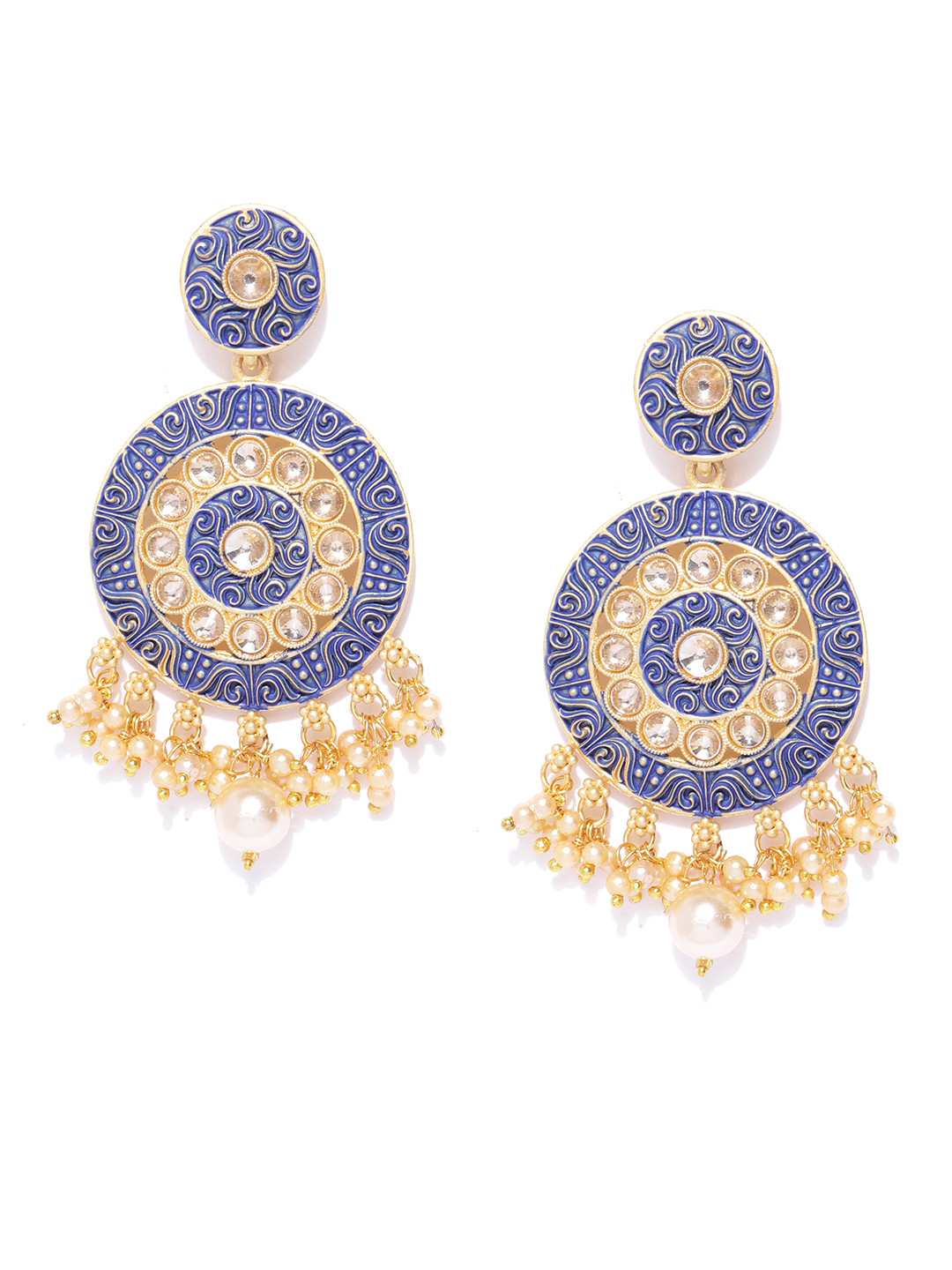 Jewels Galaxy Blue Gold-Plated Stone-Studded & Enamelled Circular Drop Earrings