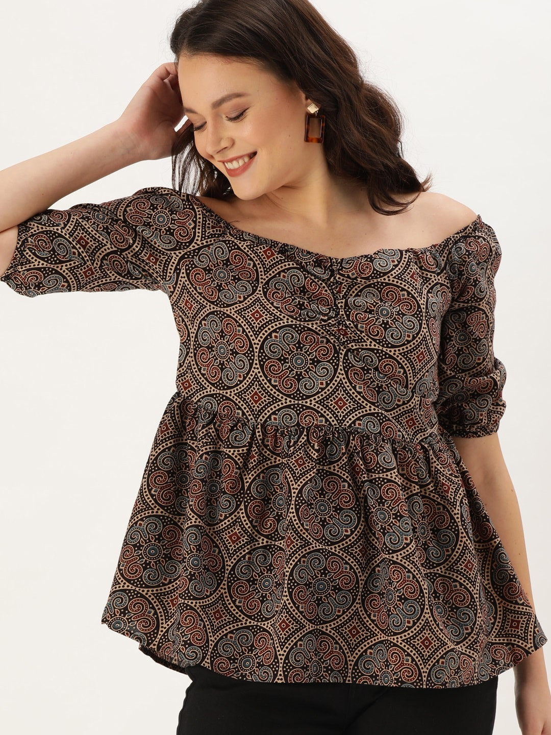 Taavi Women Brown & Black Ajrakh Hand Block Print A-line Pure Cotton Top with Gathers