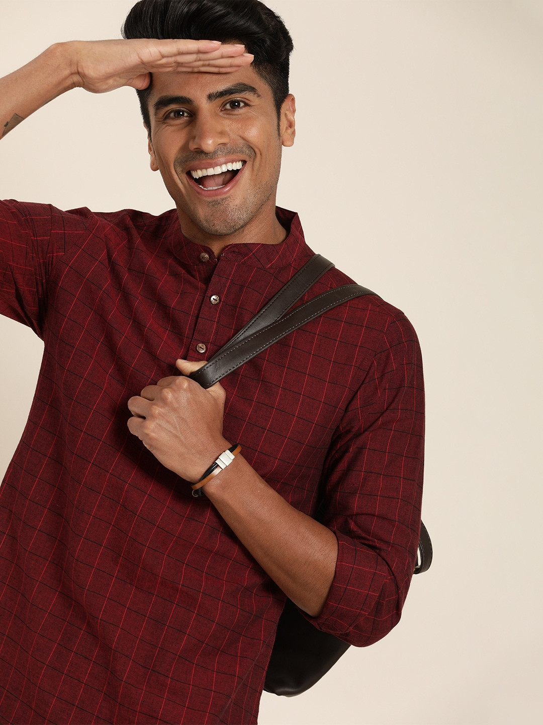 Taavi Men Maroon & Black Checked Handloom Woven Legacy  Kurta with Mandarin Collar