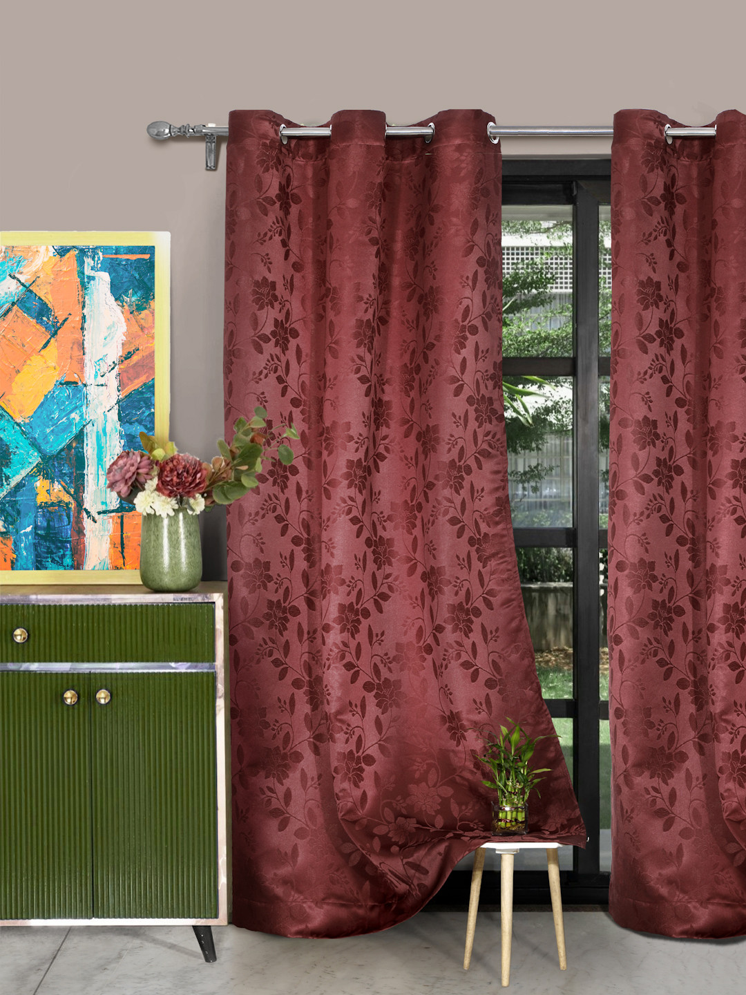 ROSARA HOME Maroon Set of 2 Printed Door Curtains