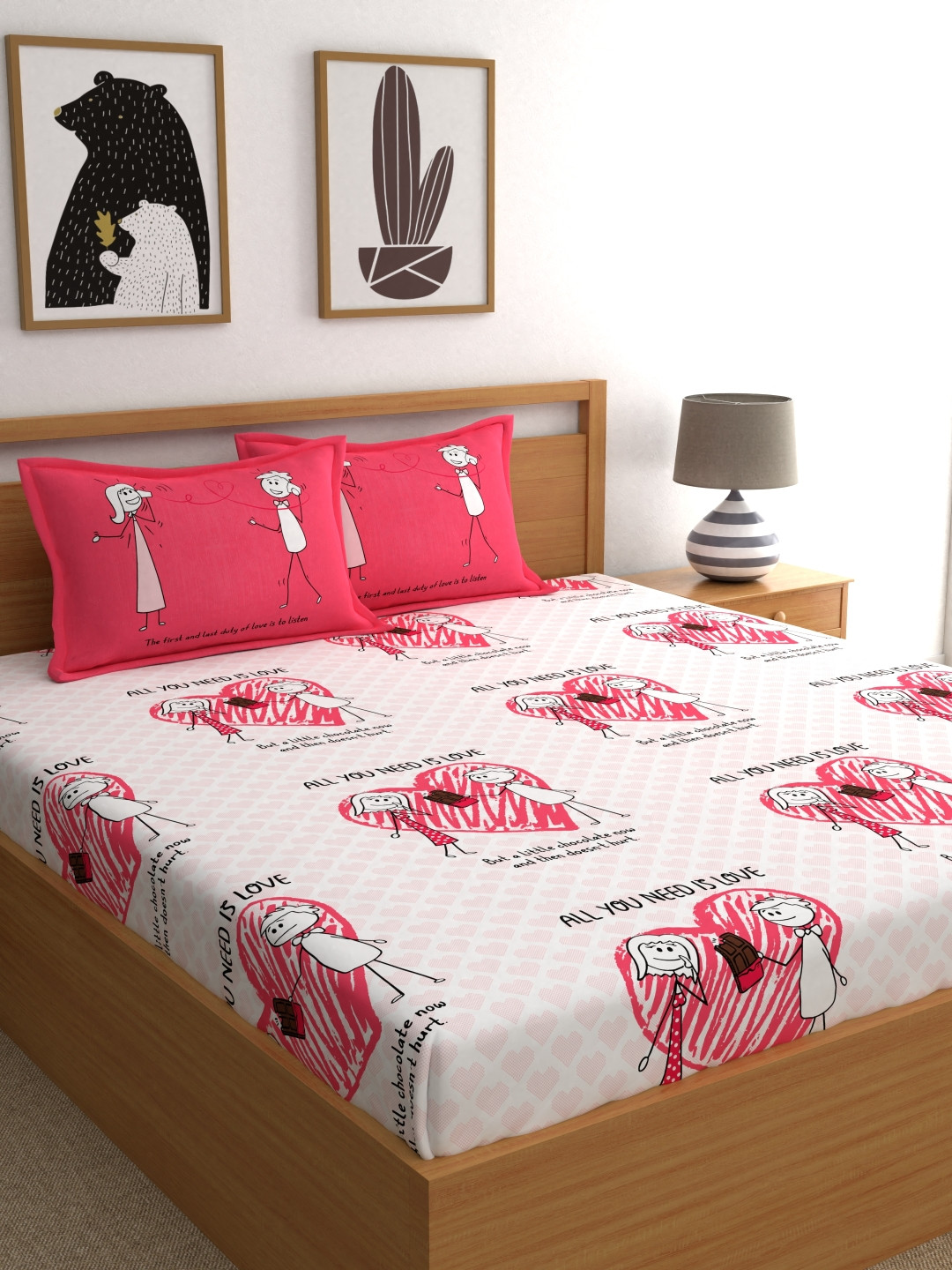 My Room Pink Conversational Pure Cotton 210 TC Queen Fine Bedsheet with 2 Pillow Covers-90 x 104 inches
