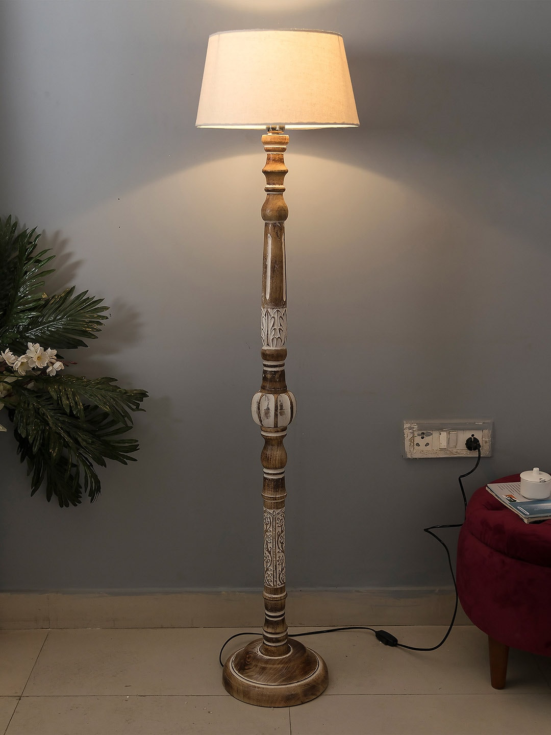 Homesake Beige Solid Handcrafted Royal Carving Wooden Club Lamp