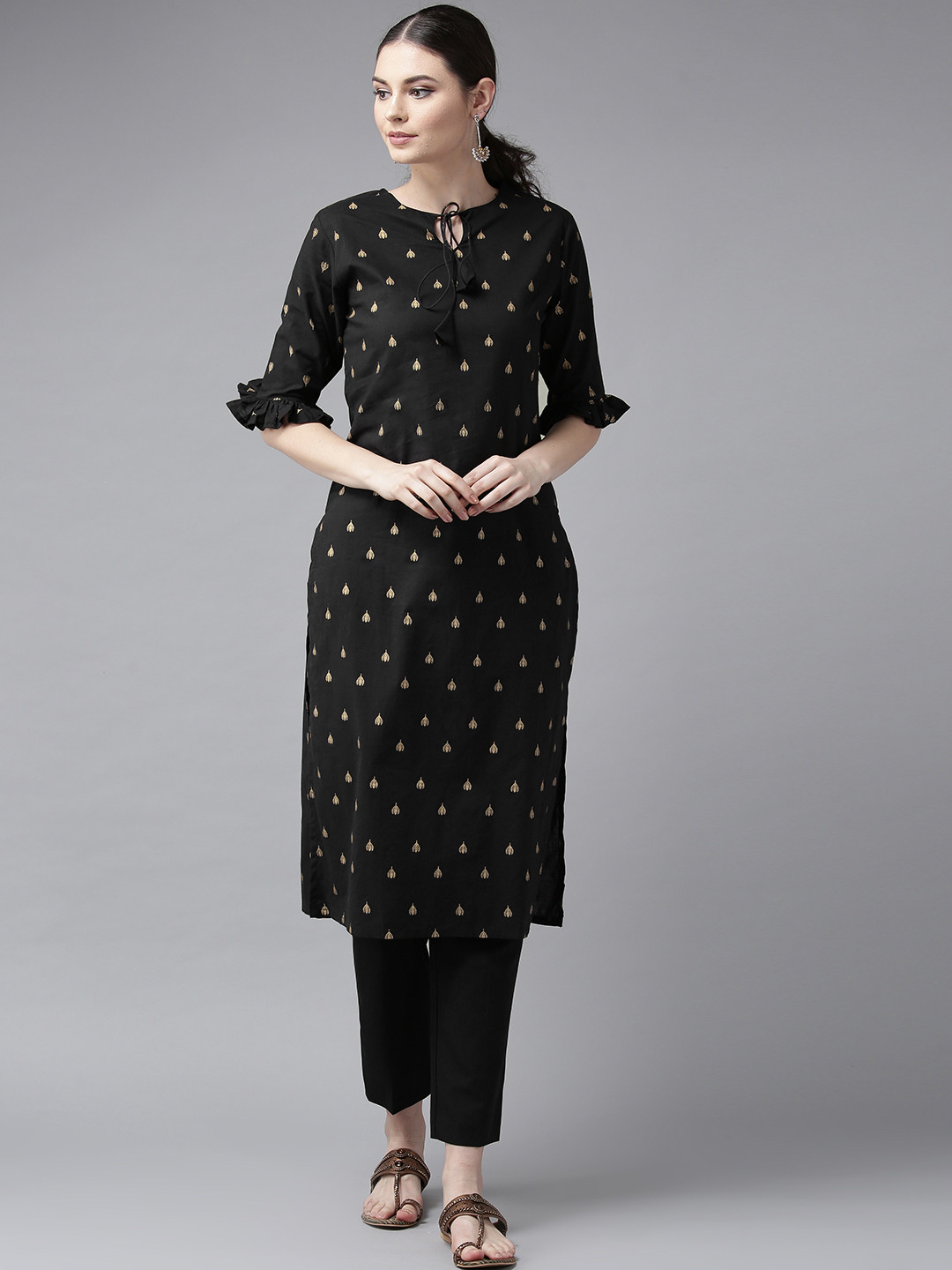 Bhama Couture Women Black & Golden Block Printed Straight Kurta