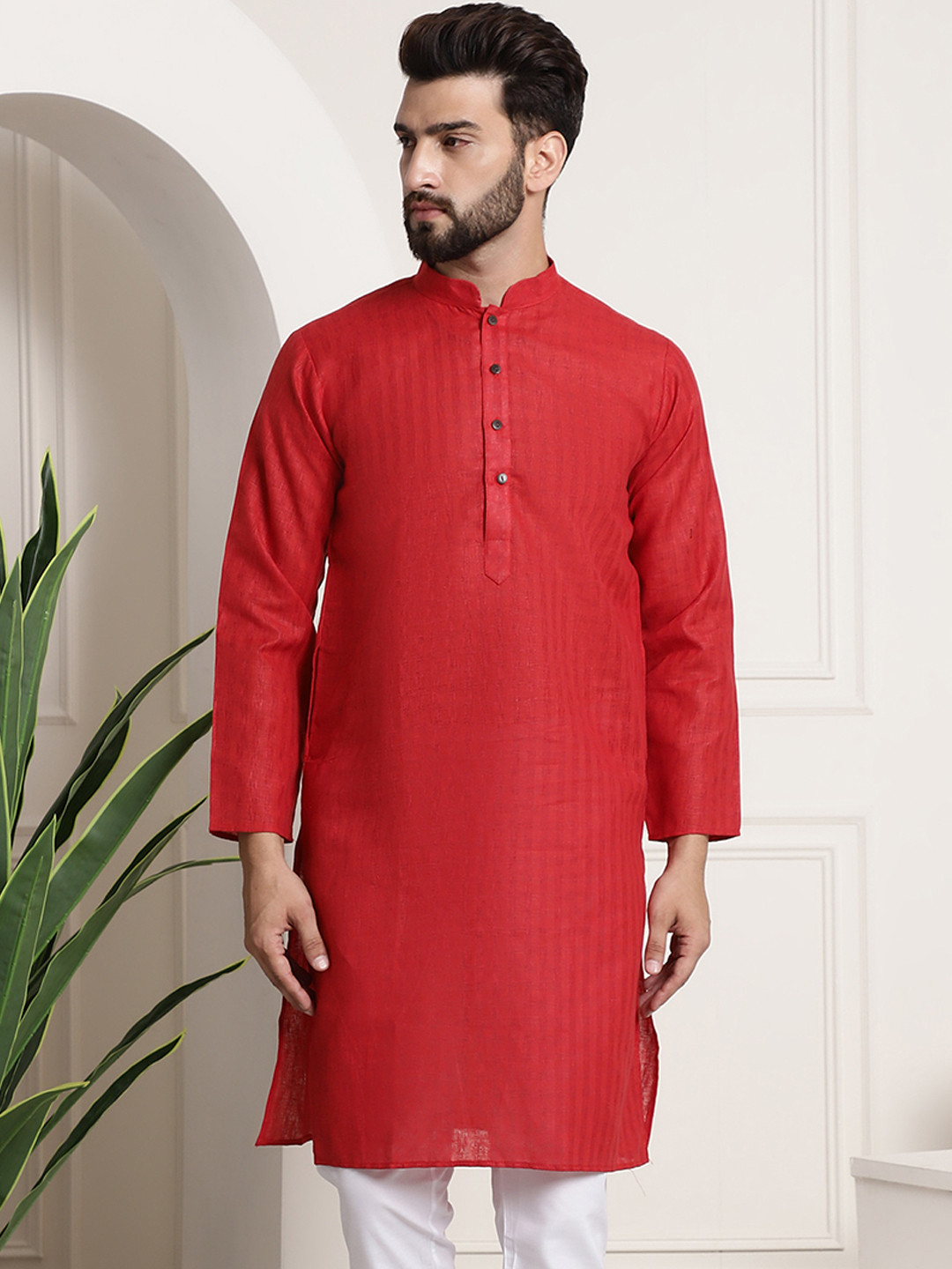 SOJANYA Men Red Dobby Checked Straight Kurta