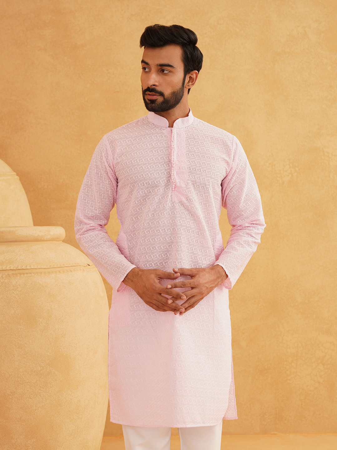 SOJANYA Men Pink Chikankari Embroidered Straight Kurta