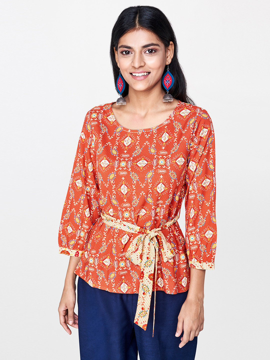 Global Desi Women Rust Red & Beige Printed Top