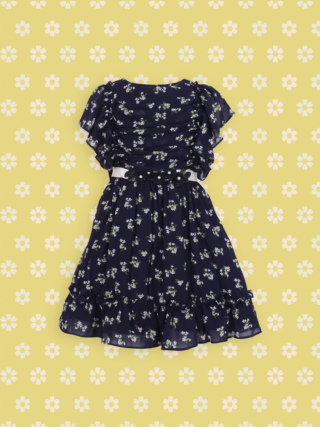 CUTECUMBER Girls Navy Blue & White Printed Fit and Flare Dress