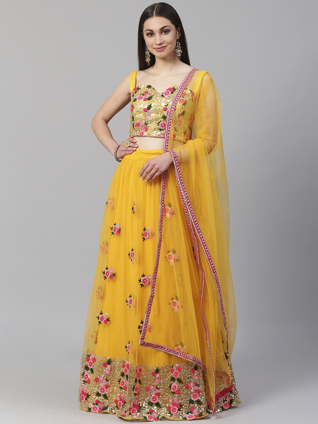 Buy Readiprint Fashions Yellow & Pink Embroidered Semi Stitched ...