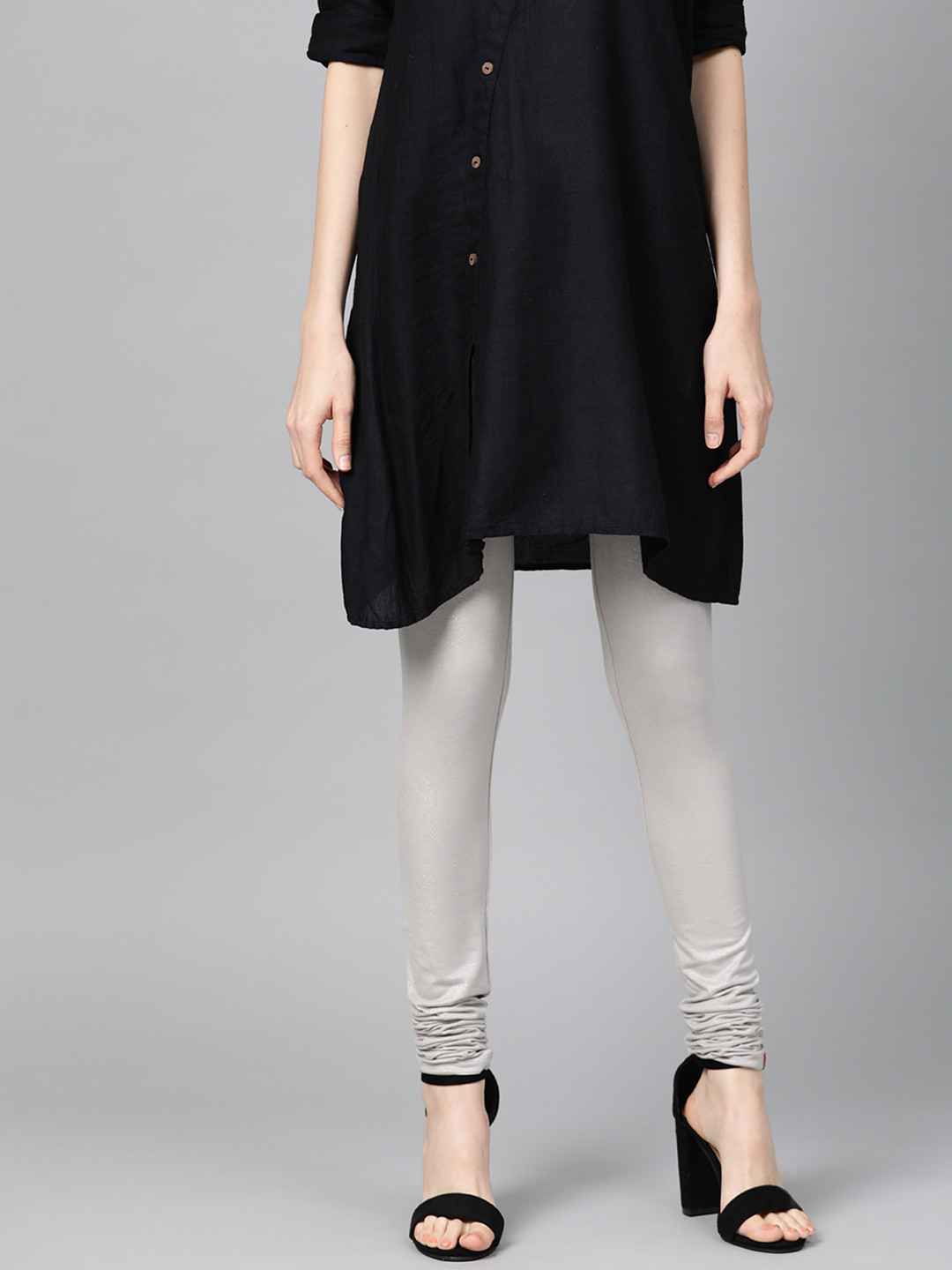 W Women Silver Solid Churidar Length Leggings