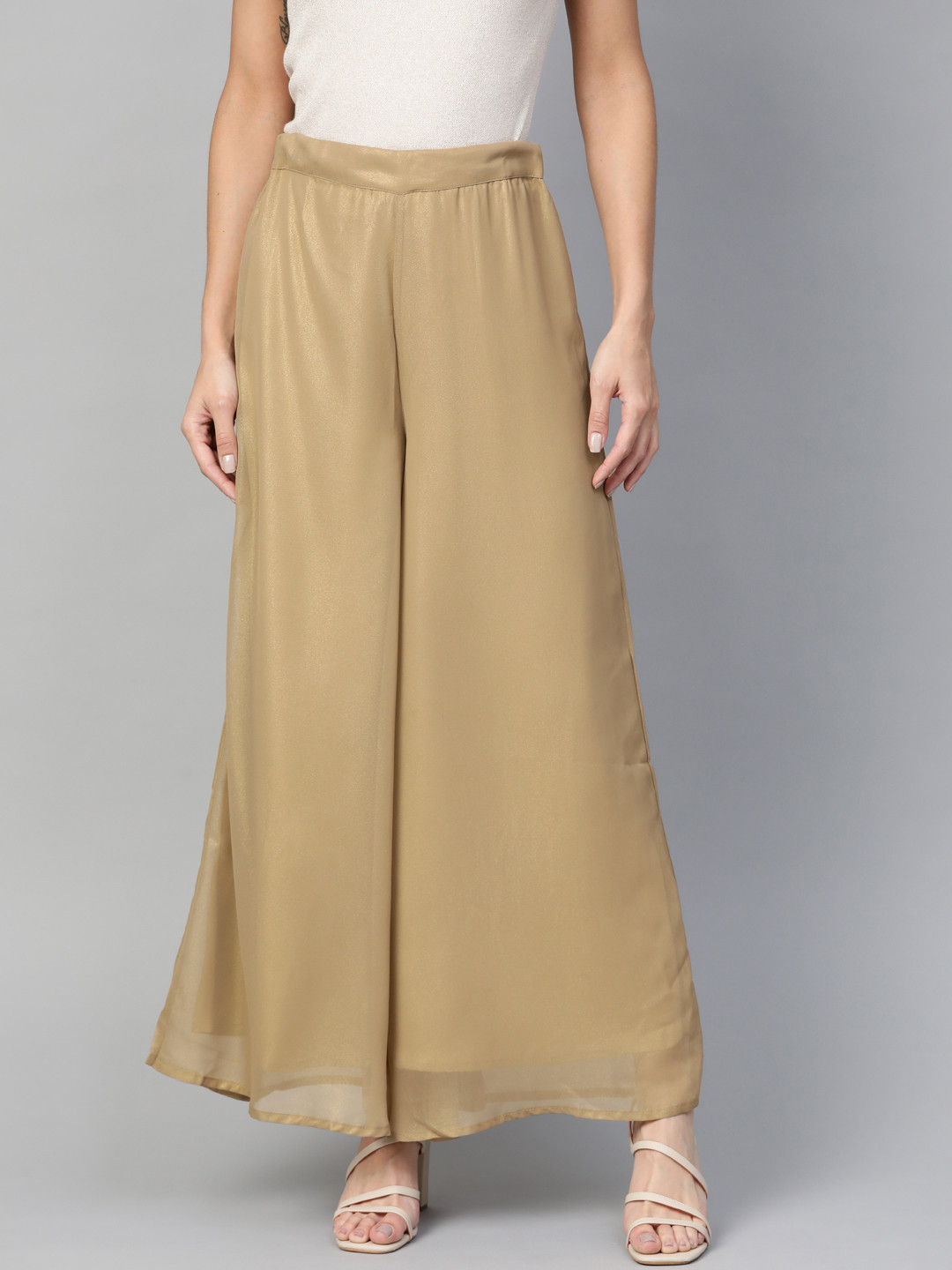 W Women Brown & Golden Shimmer Effect Flared Palazzos