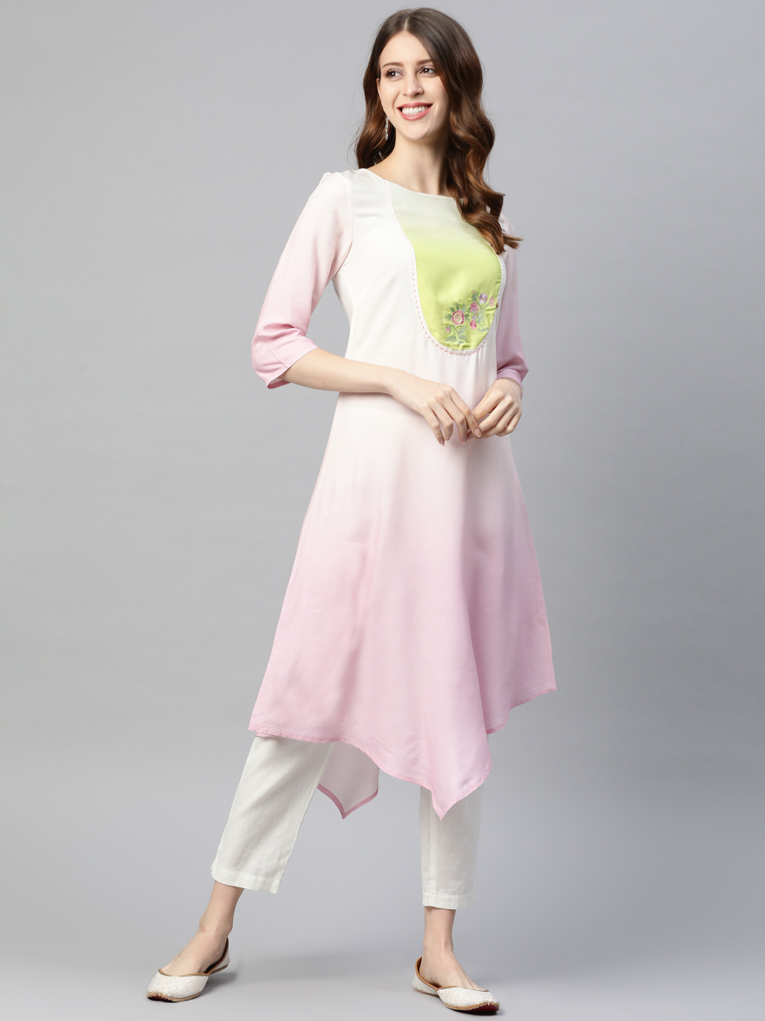 W Women Pink & Off White Dyed Thread Work Pastels Kurta
