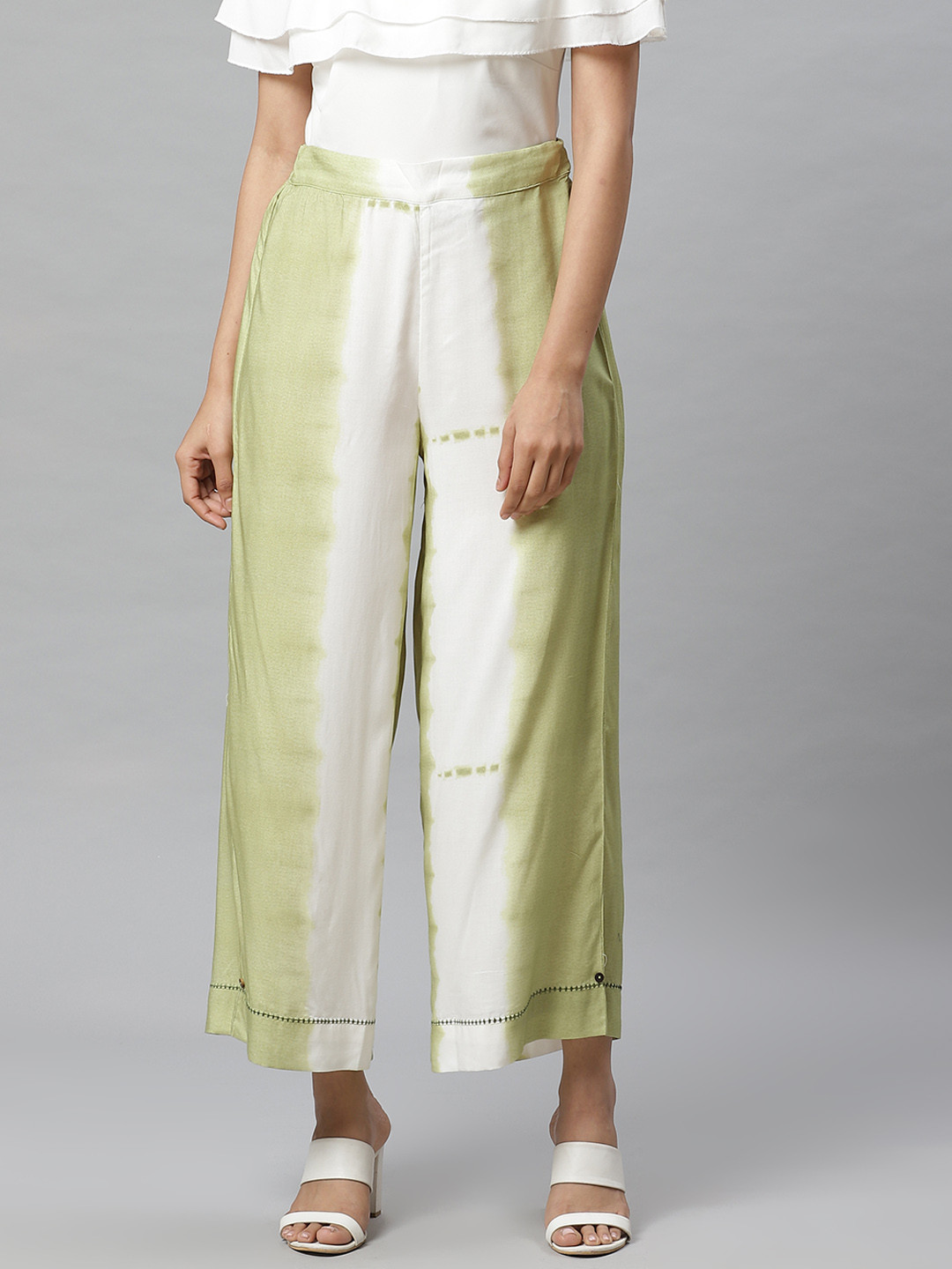 W Women Green & Off-White Dyed Effect Flared Palazzos