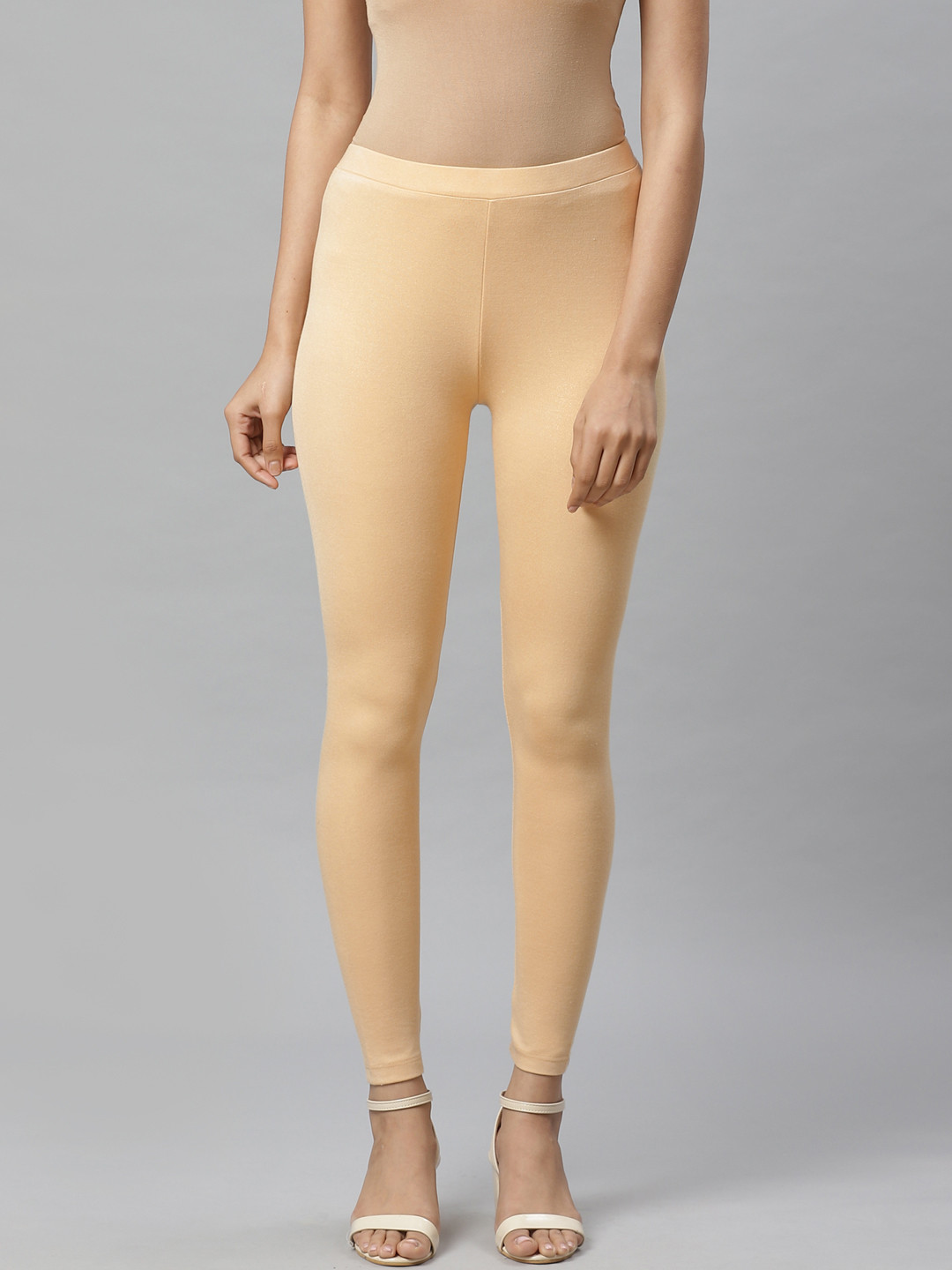 W Women Beige Shimmer Detail Solid Leggings