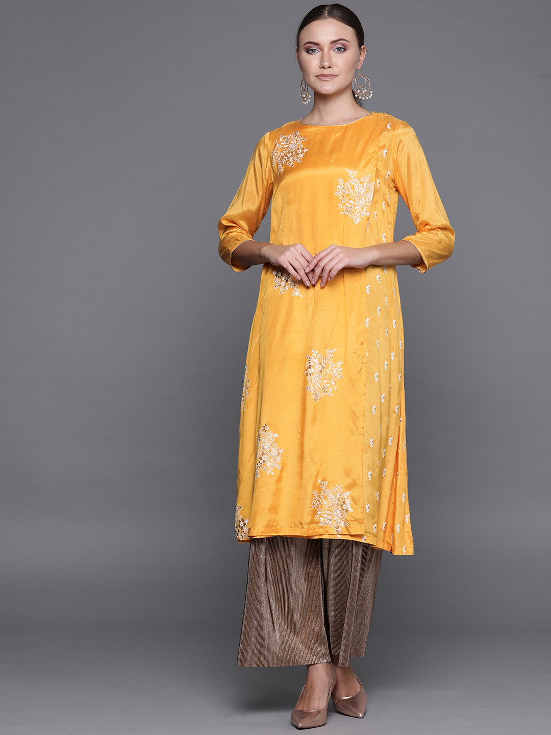 Biba Women Yellow & White Block Print Layered A-Line Kurta