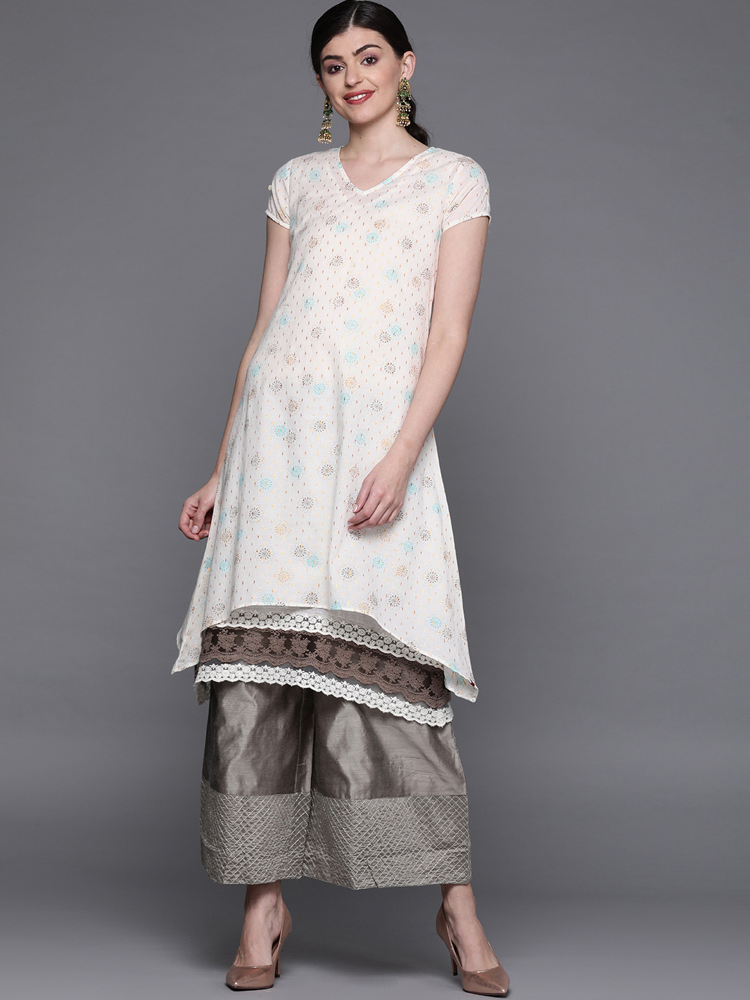 Biba Women Off-White & Blue Printed A-Line Layered Kurta