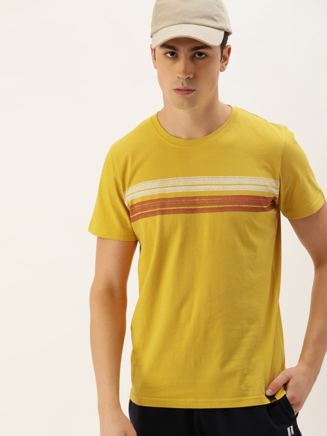 SINGLE Men Yellow  White Slim Fit Striped Round Neck Pure Cotton T-shirt
