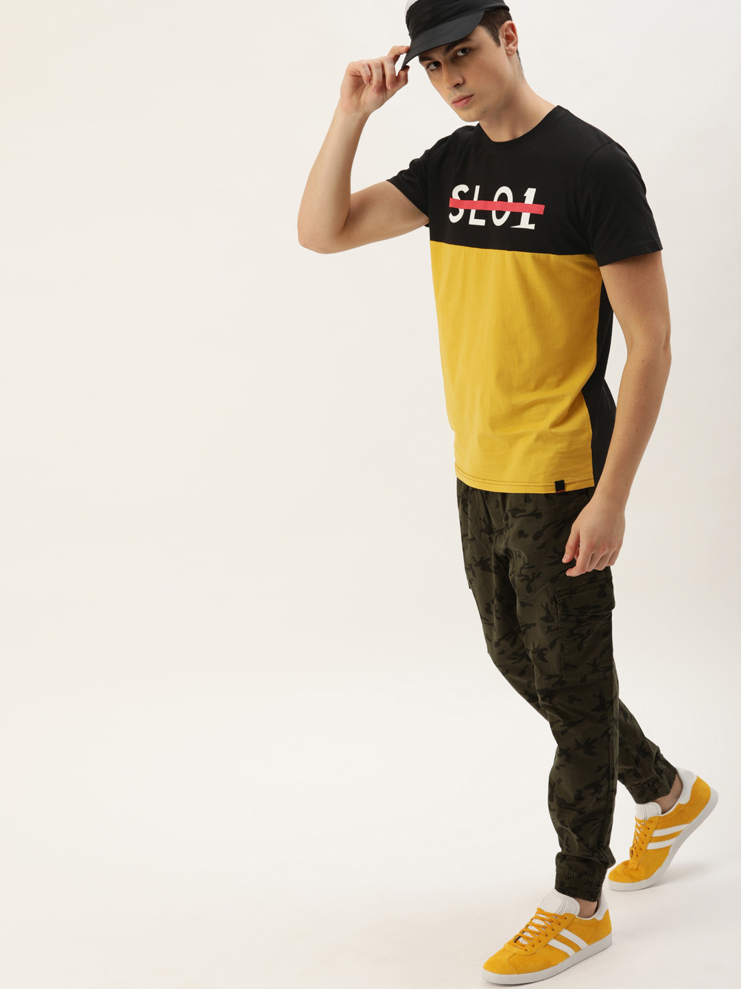 SINGLE Men Mustard Yellow  Black Colourblocked Slim Fit Round Neck Pure Cotton T-shirt