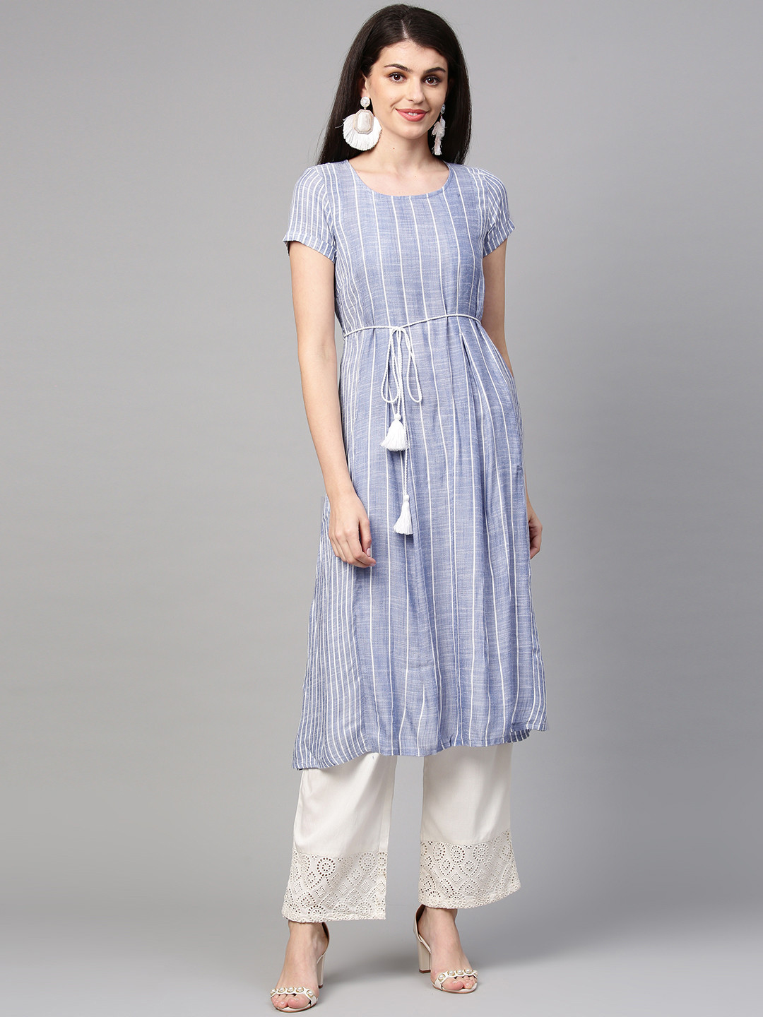 AURELIA Women Blue & White Striped A-Line Kurta