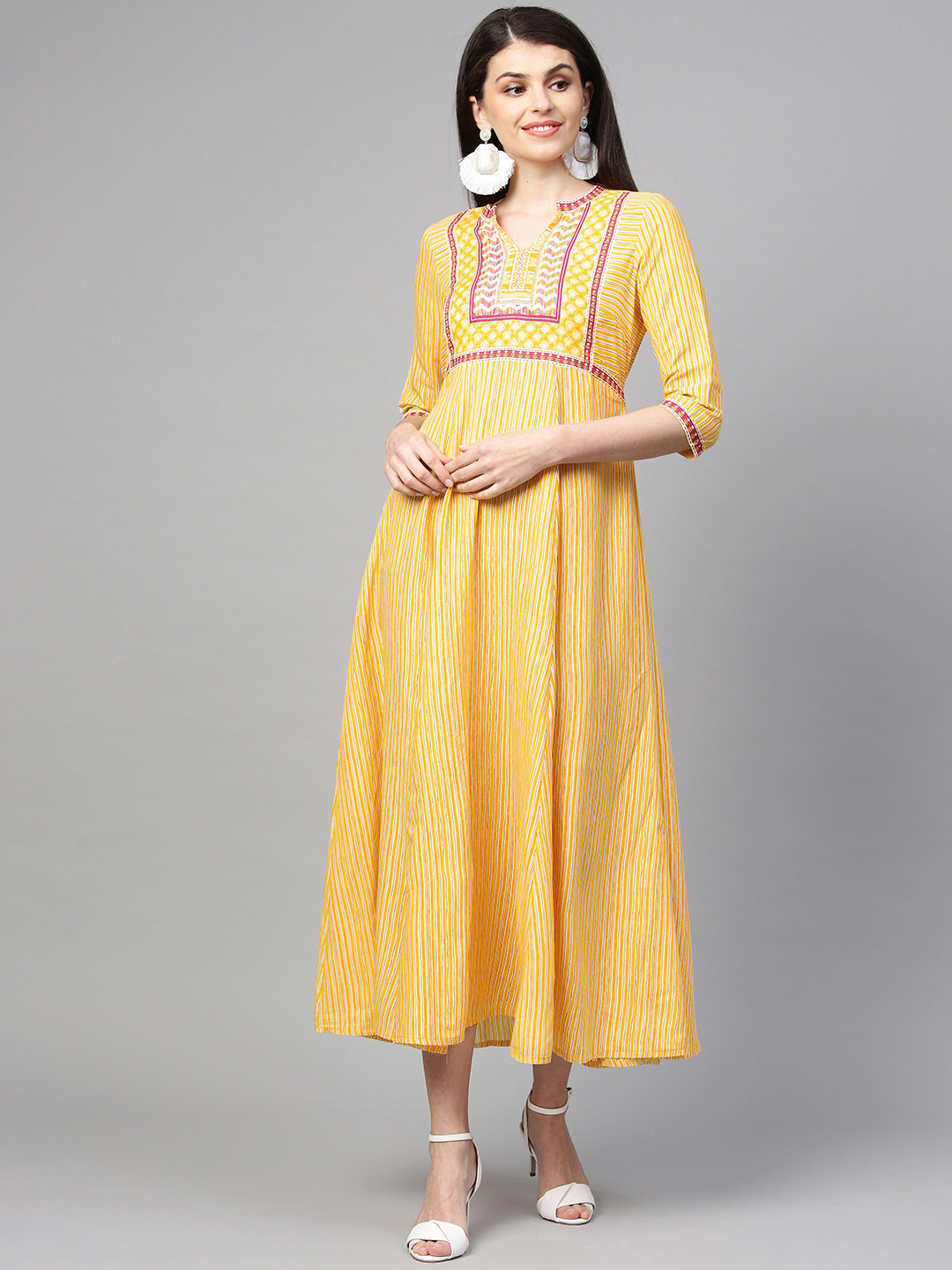 AURELIA Women Yellow & Magenta Striped Maxi Dress