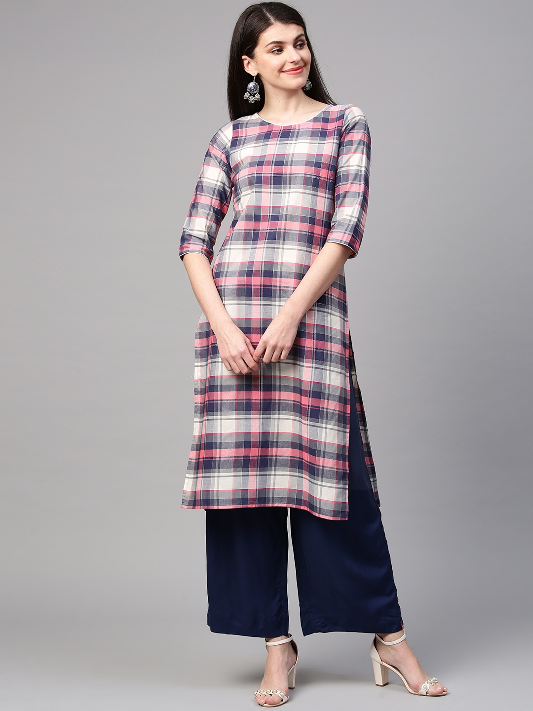 Buy AURELIA Women Navy Blue Pink Checked Straight Kurta Kurtas for Women 11434994 Myntra