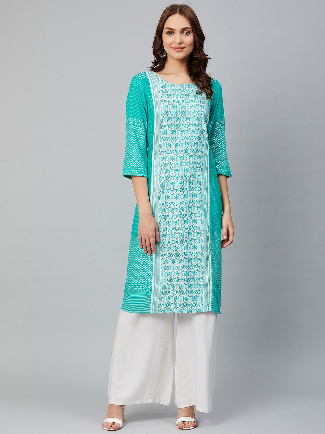 AURELIA Women Green & White Printed Yarn Dyed Dobby Weaved Straight Kurta