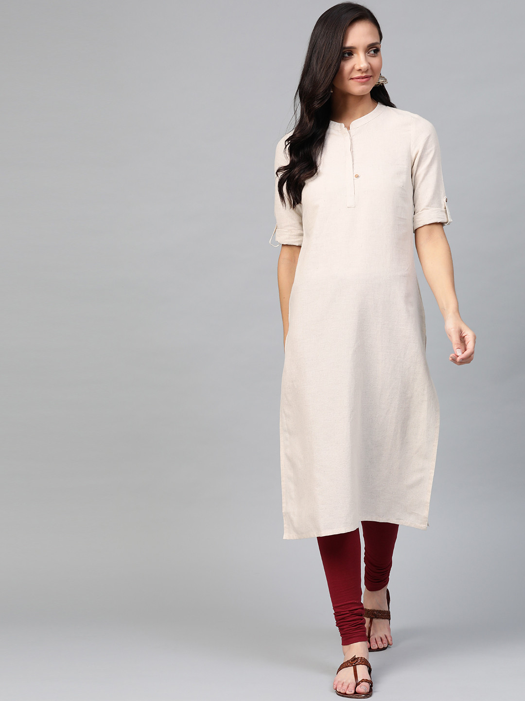 AURELIA Women Beige Speckled Effect Straight Kurta