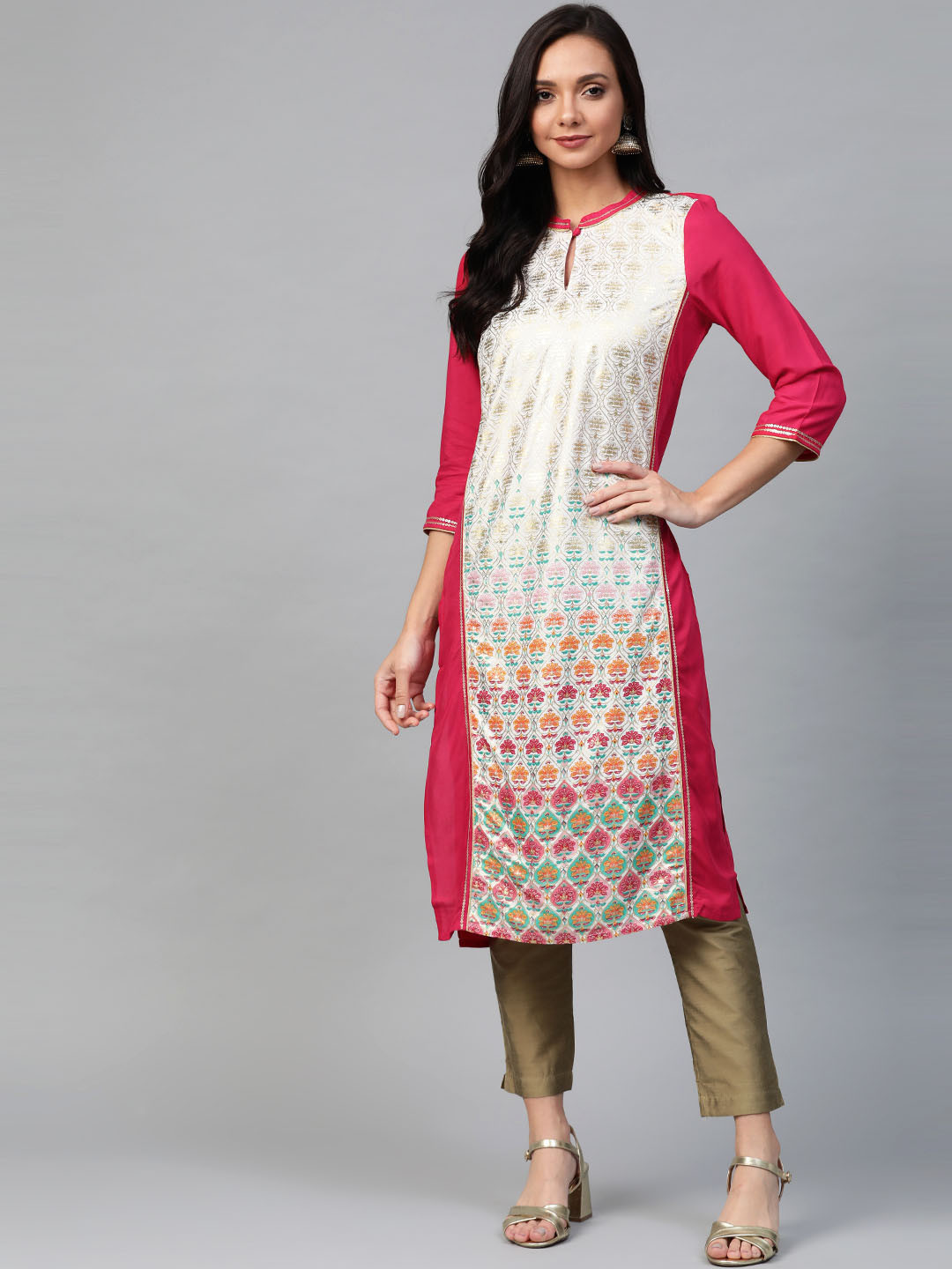 AURELIA Women Pink & Golden Printed Straight Kurta